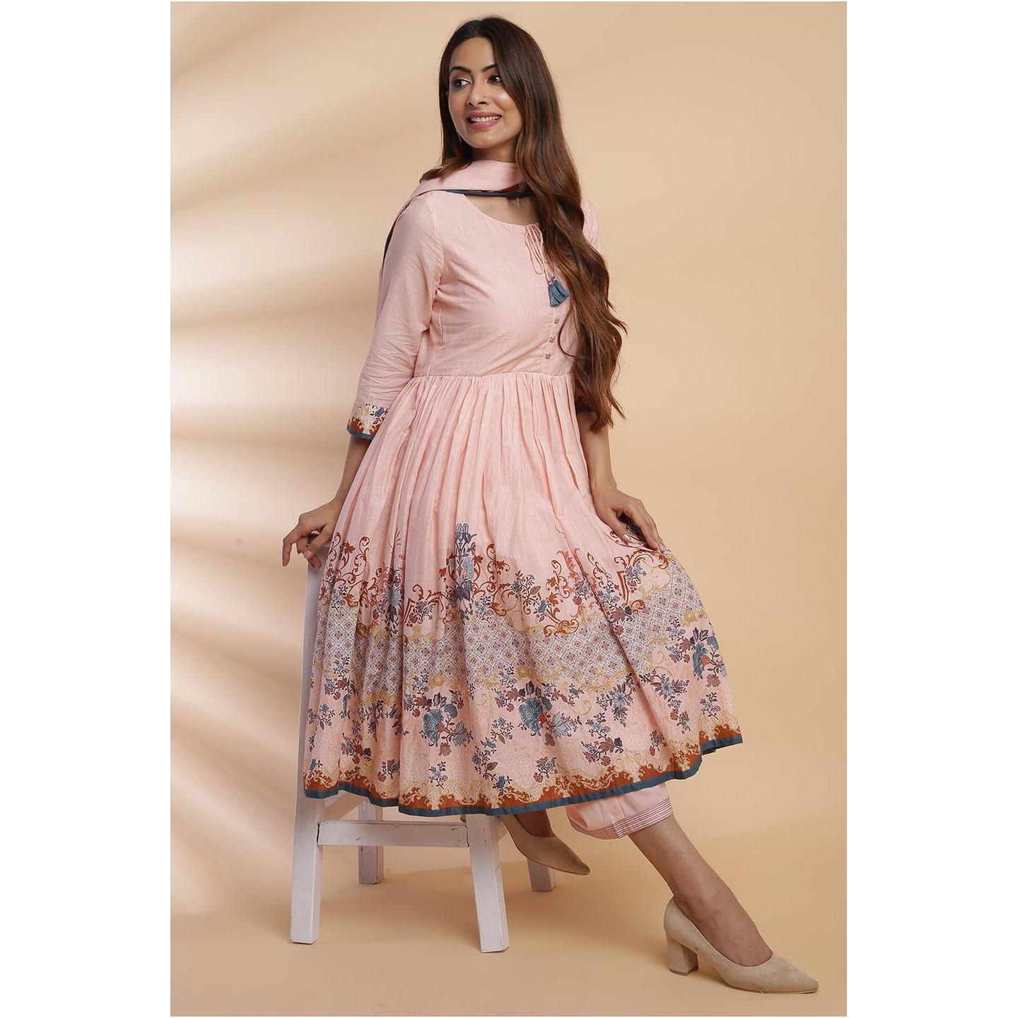 Peach Cotton Anarkali Suit Set