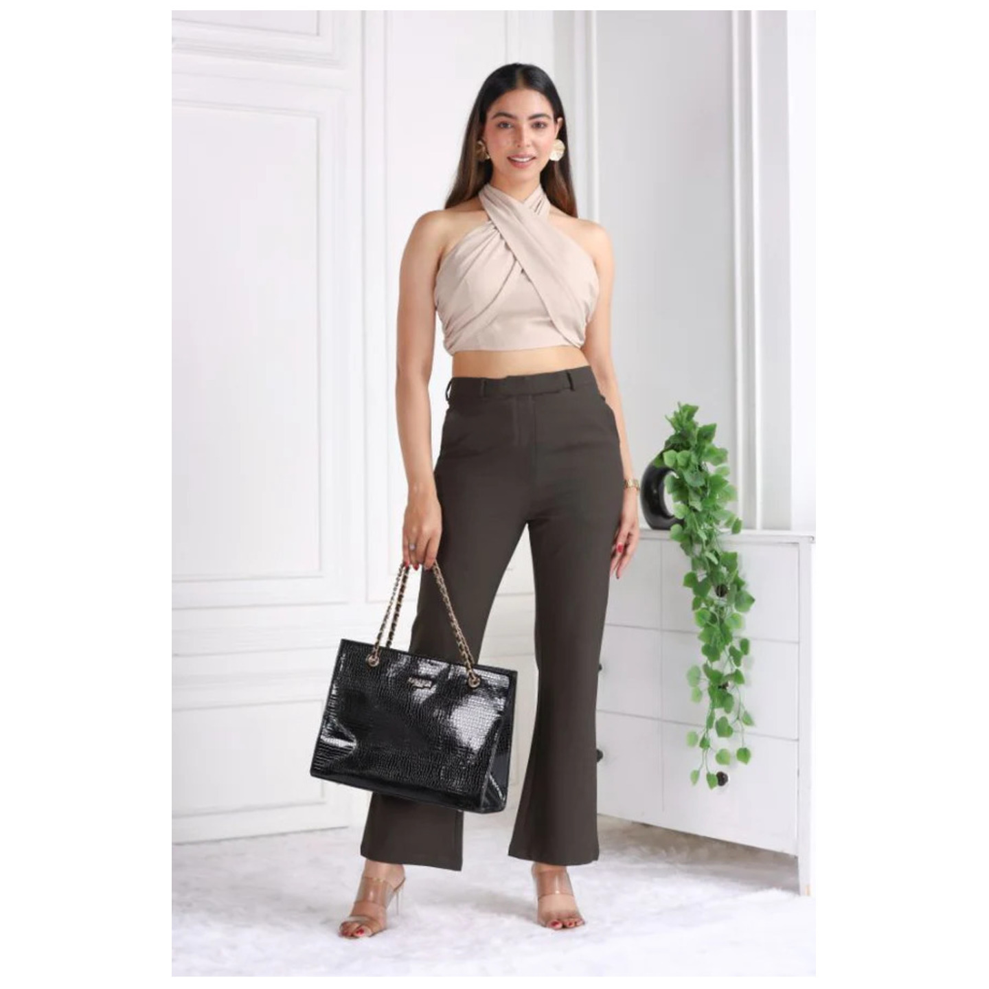 Coffee melange high waist formal flare pants with spandex Bootcut flare