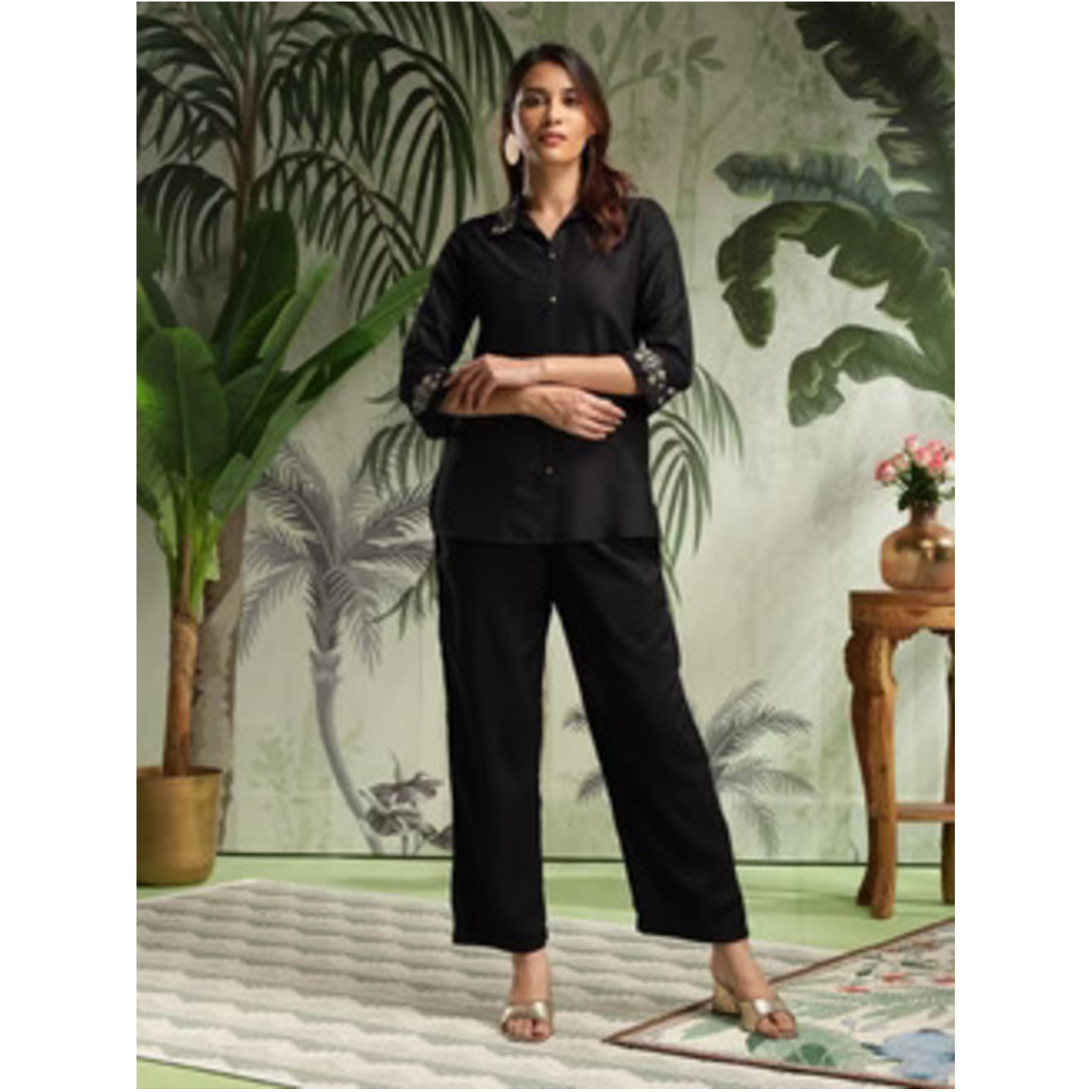 Swastika Black Muslin Embroidered Co-Ord Set