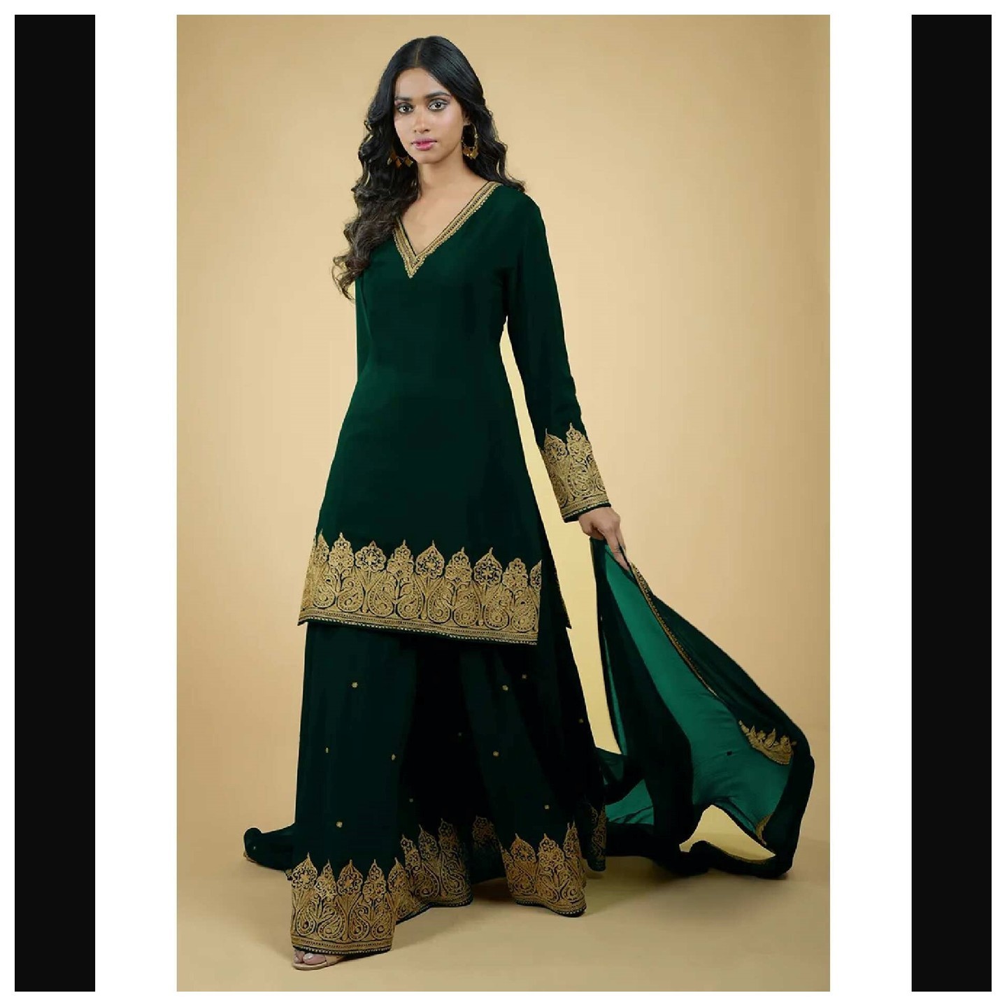 Emerald Green - Gold Tilla Aari Embroidered Sharara Set