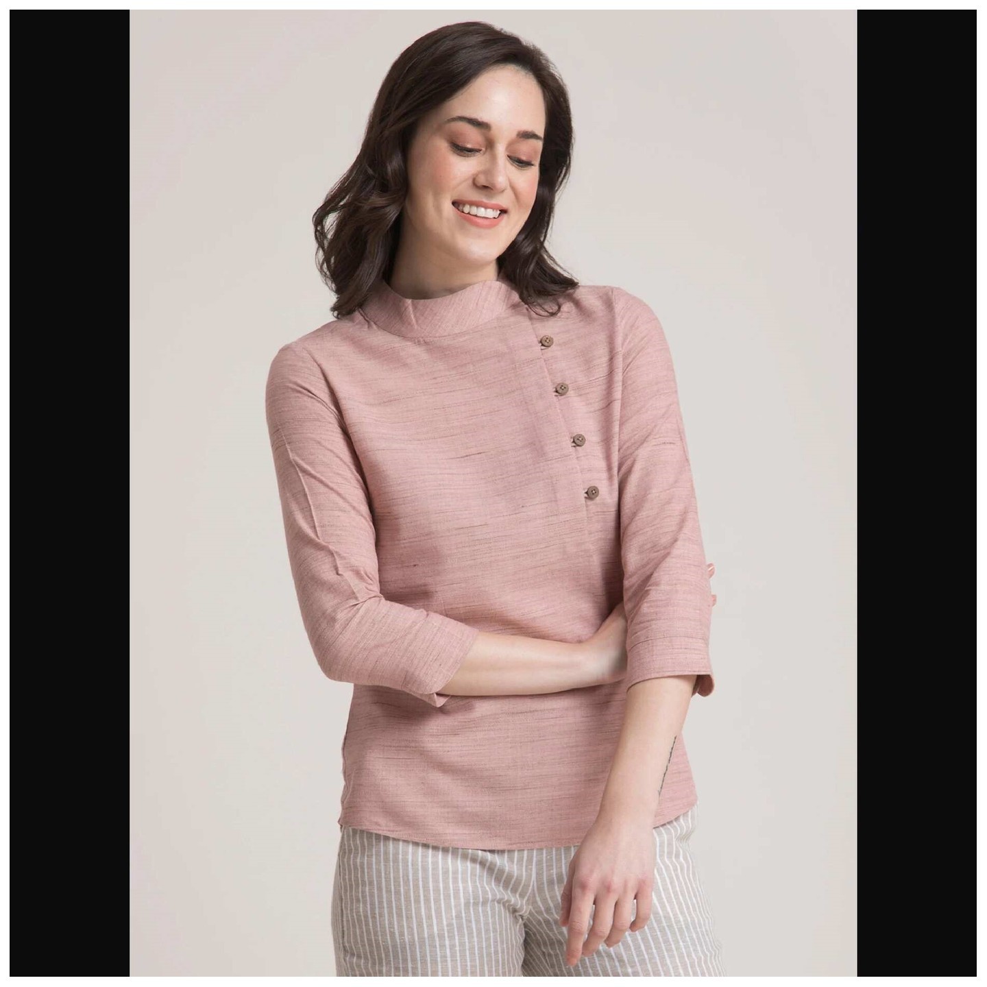 Cotton Yarn Dyed Mandarin Collar Button Detail Top - Dusty Pink