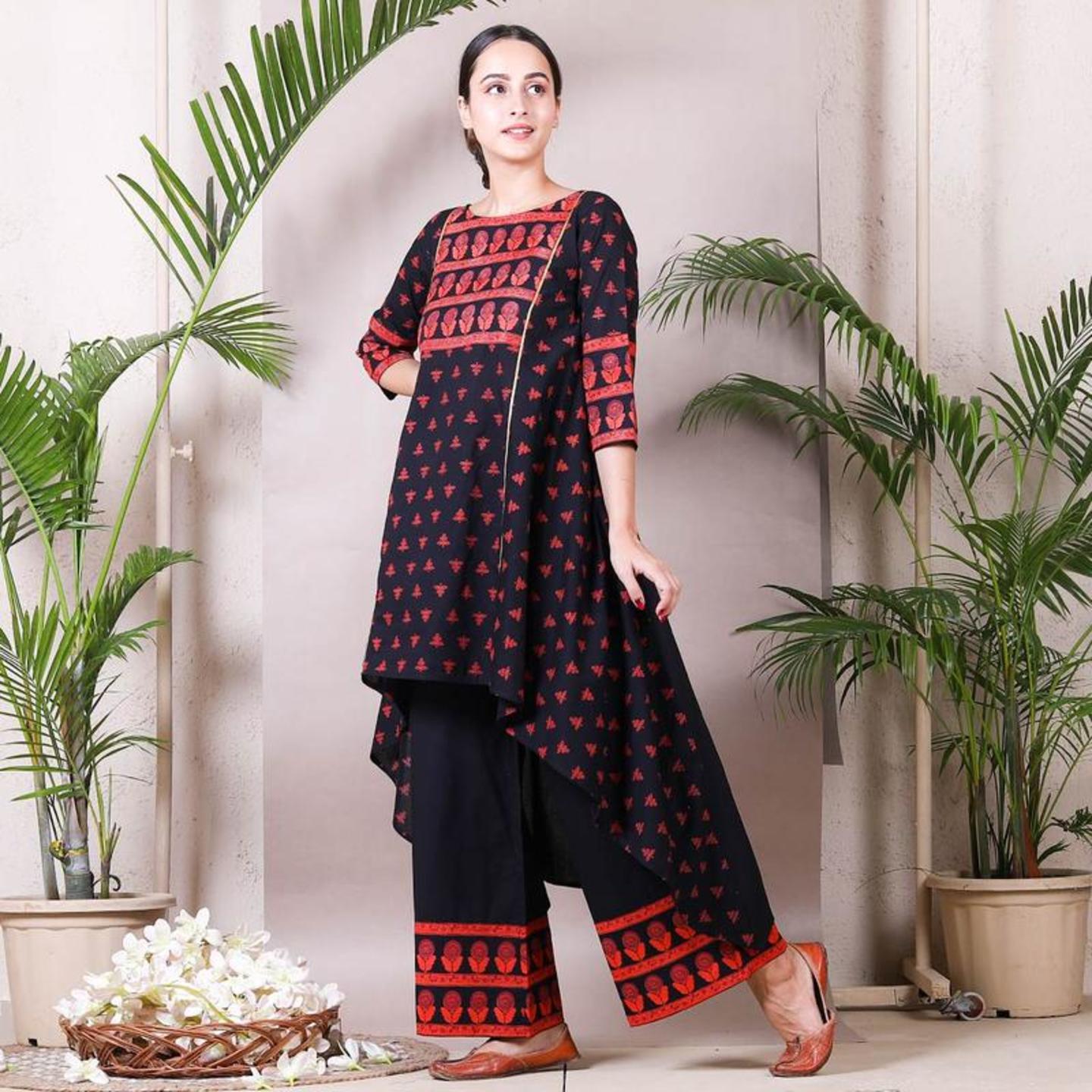 Black Buti Printed Asymmetric Kurta with Palazzo