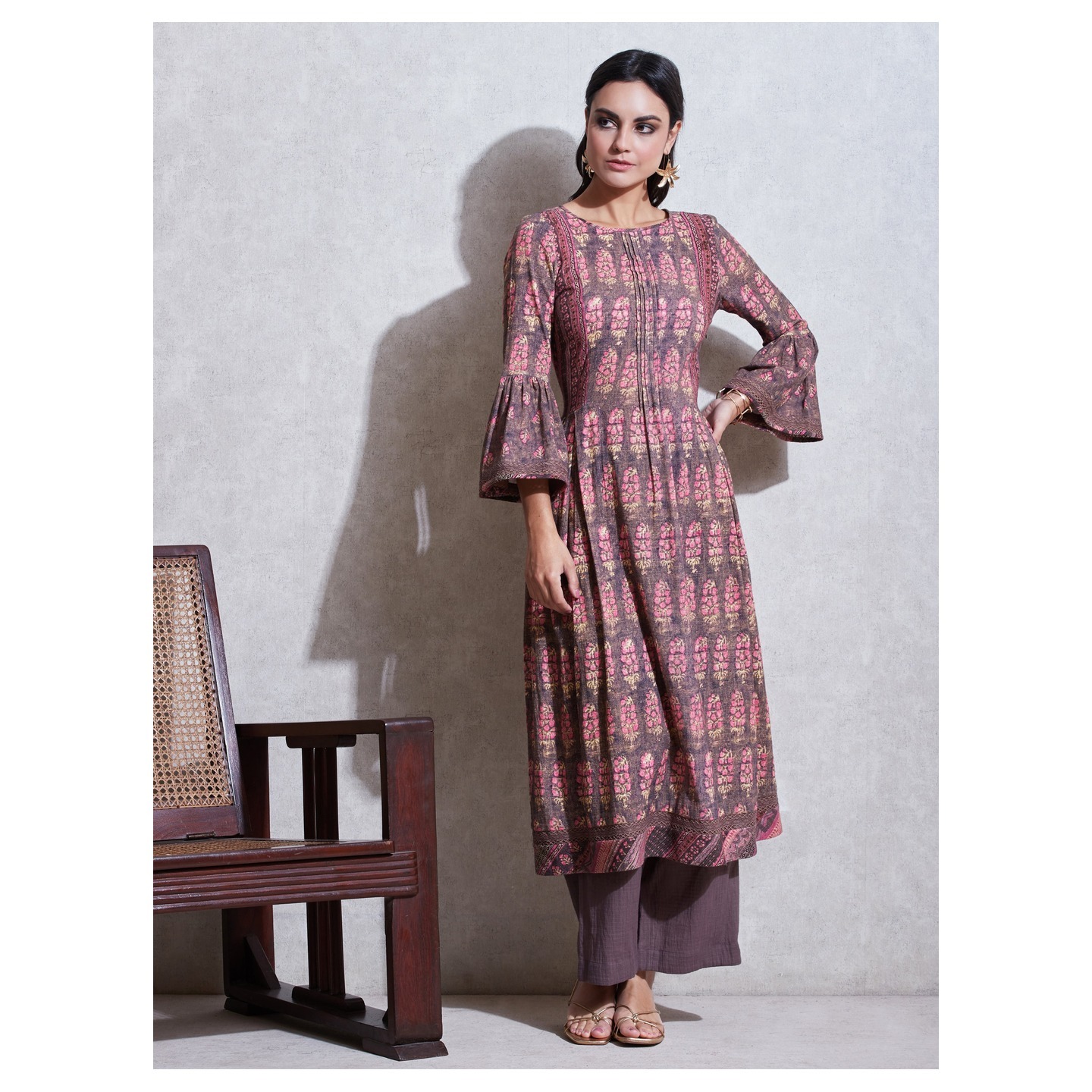 Brown Floral Print Kurta with Trousers