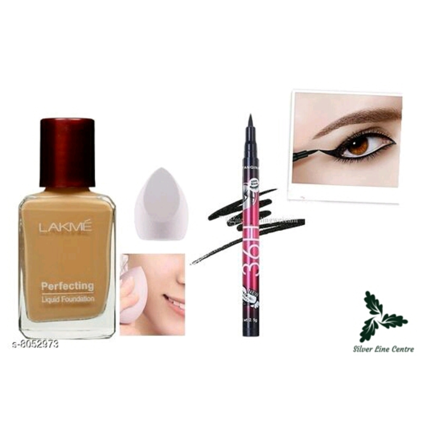 Lakme Perfecting Liquid Foundation,Sponge Puff,36H Liquid Waterproof Lash Eyeliner Pencil Black,