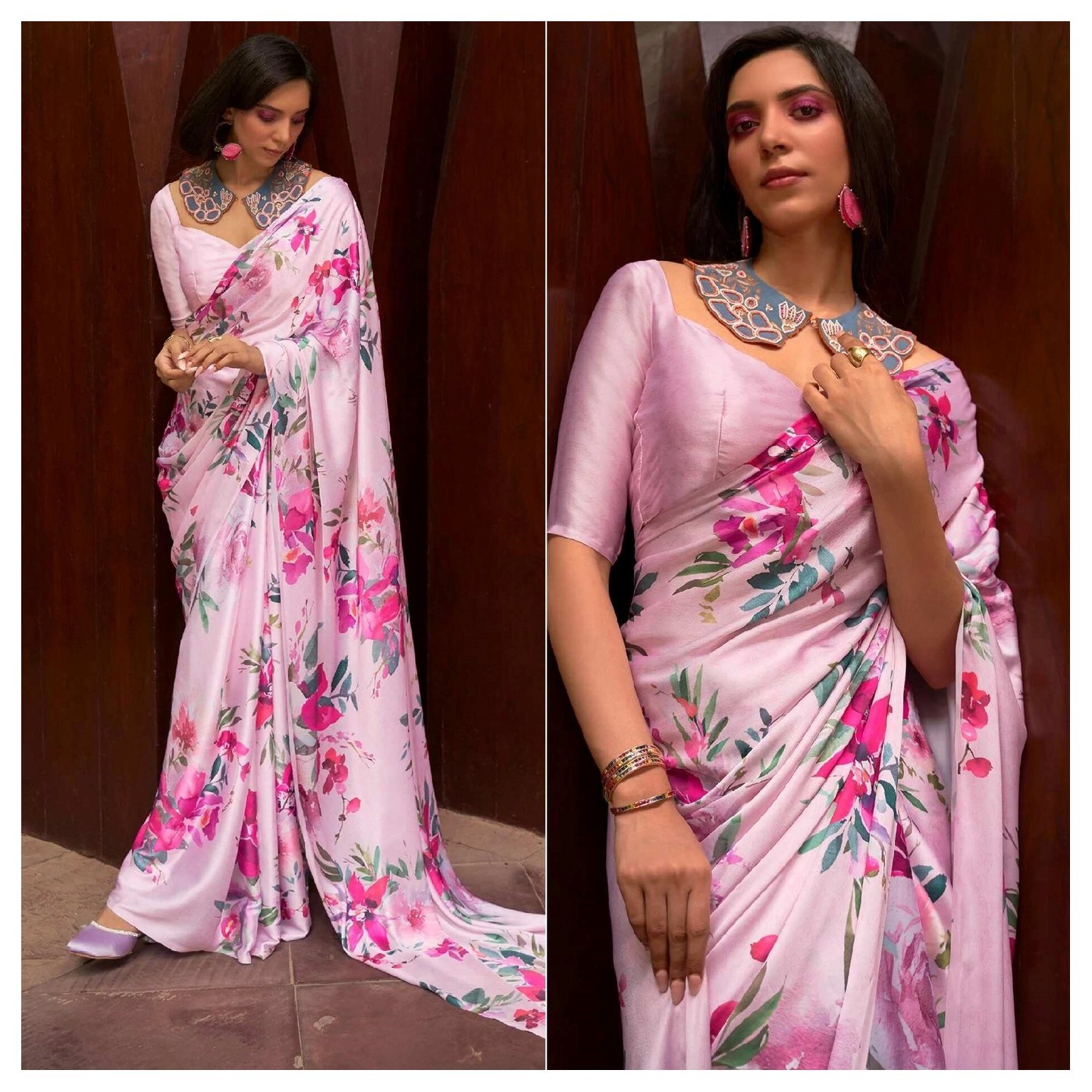 Pink Floral Digital Printed Satin Saree 