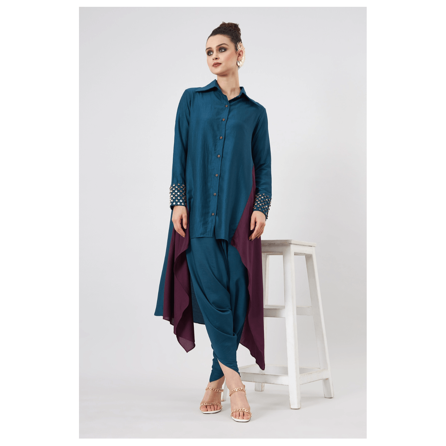 Aakaar Blue Cotton Silk Solid Button Down Tunic And Draped Pant 