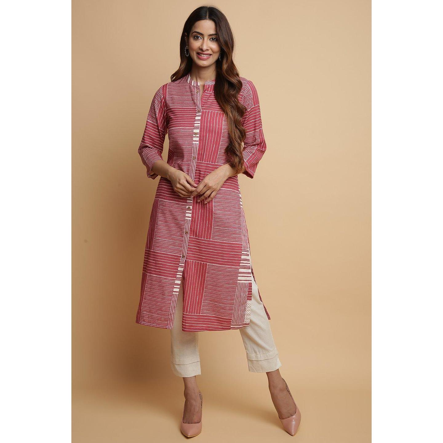 Pink Rayon Straight Kurta Pants Set