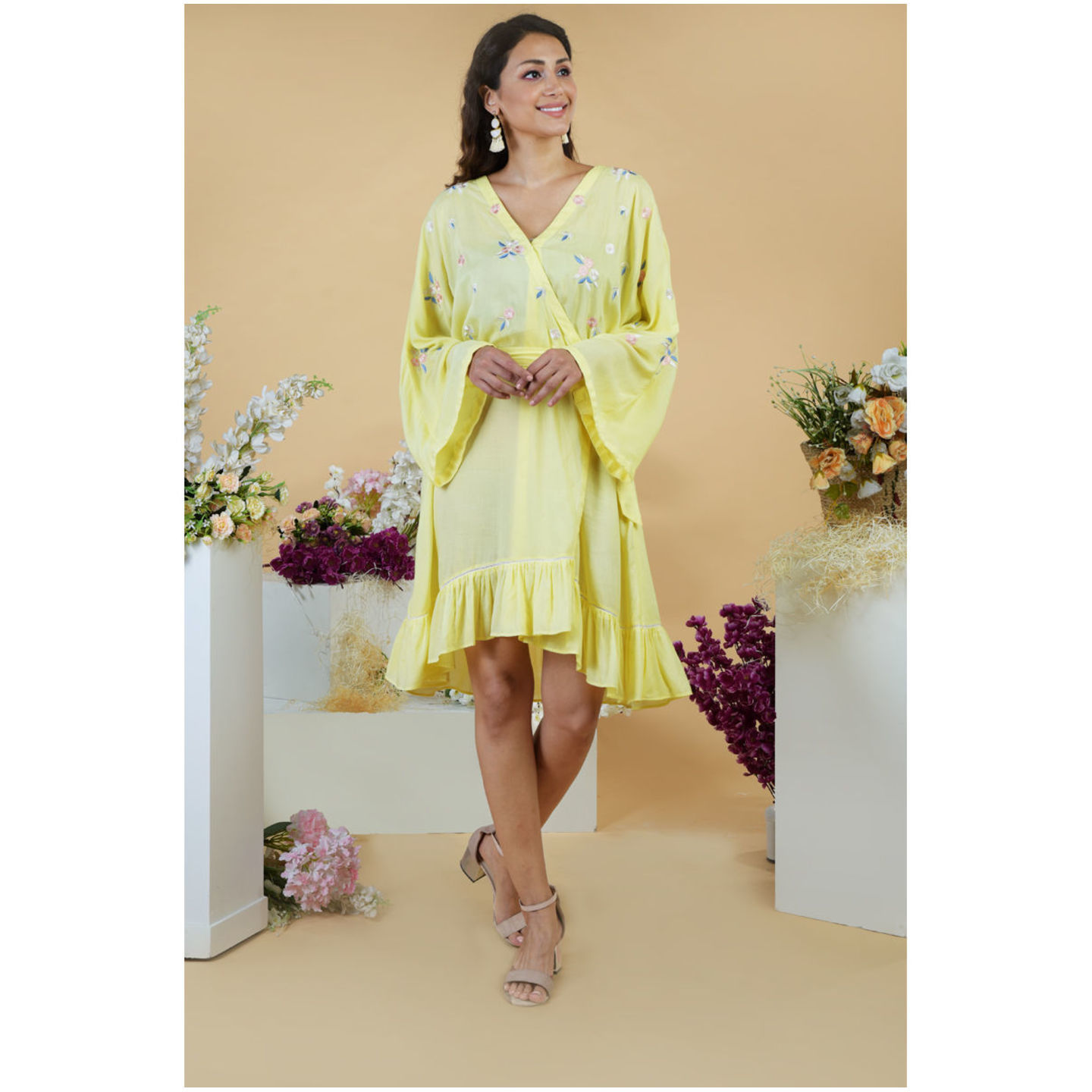 Charming Yellow Parsi Gara Wrap Around Dress