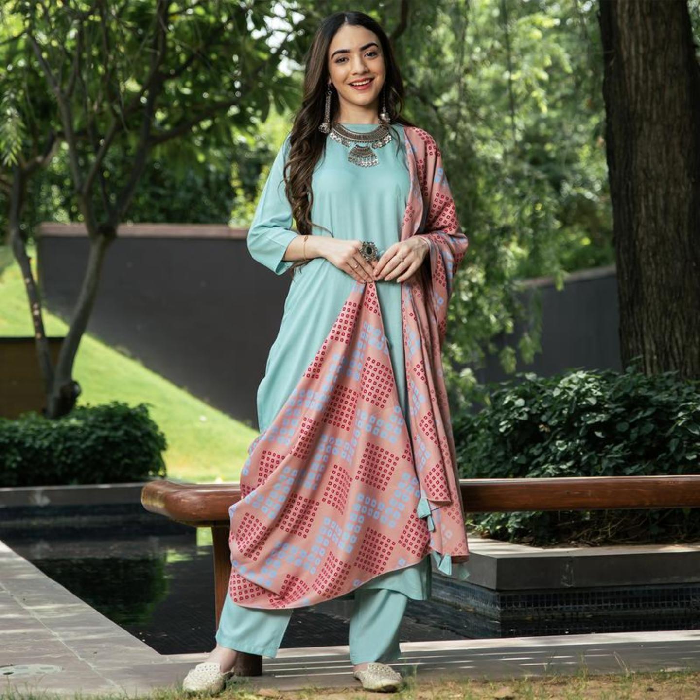 Sky Blue Kurta Pant Set with Baby Pink Bandhani Dupatta