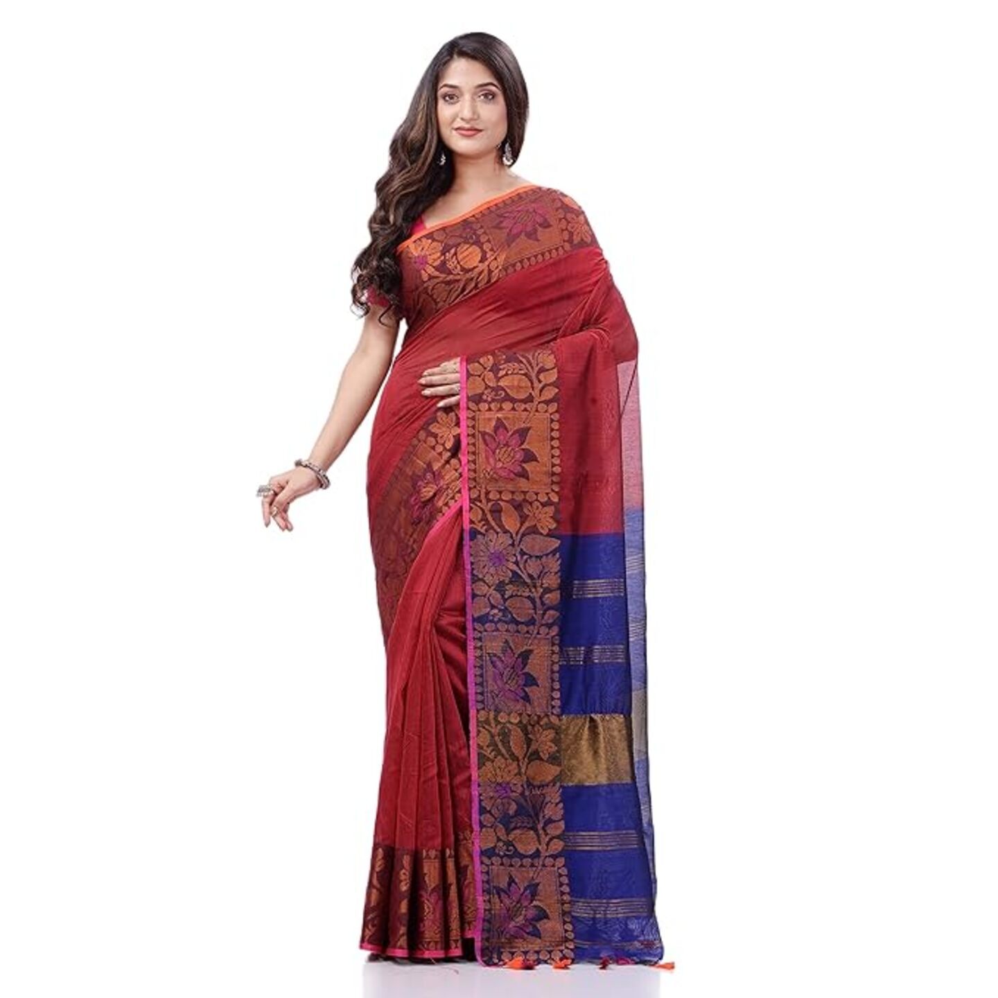 dB DESH BIDESH Women`s Tant Cotton Silk Handloom Cotton Saree Pushpomala With Blouse Piece