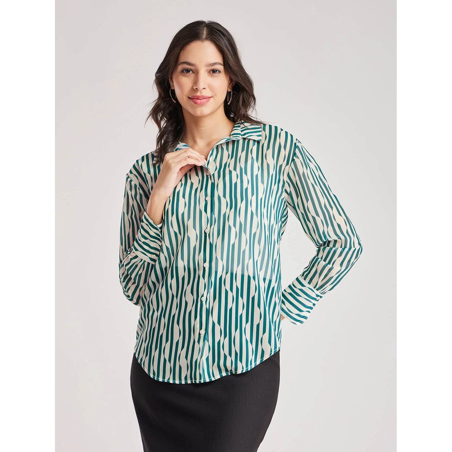 Geometric Print Semi-Sheer Shirt - Off-White And Teal 