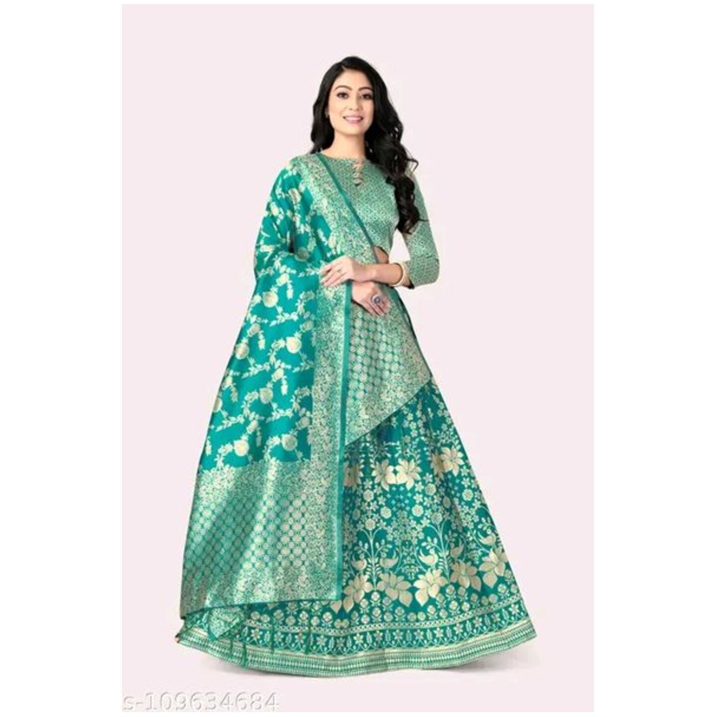 Fancy Designer Panelled Jacquard South Indian Traditional Gold Print Lehenga Choli Size Semi-Stitched