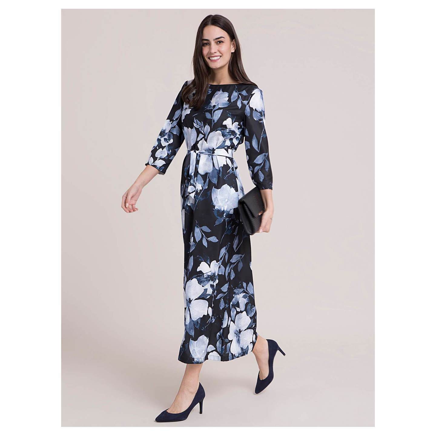 Boat Neck Floral A Line Dress - Black and Navy Blue