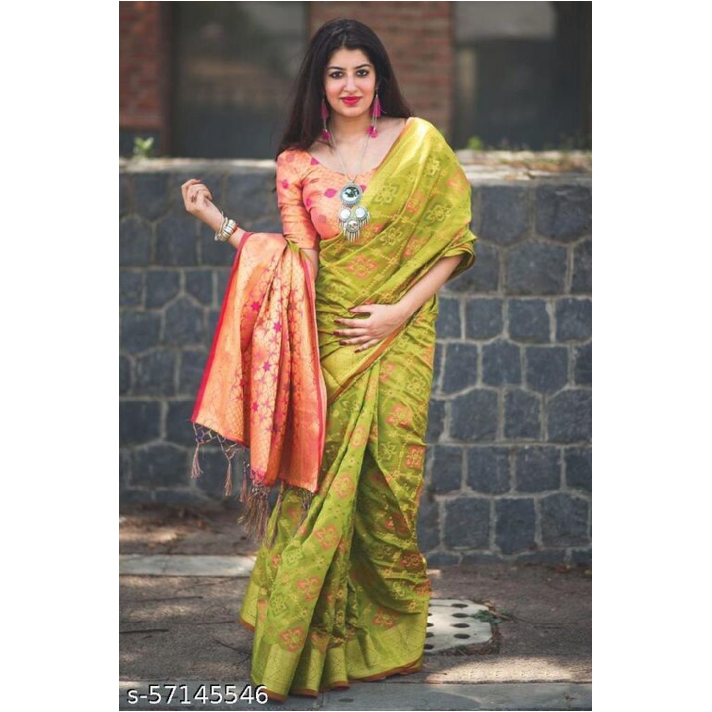 DP Tex Present Banarasi silk weaving Patola saree with contrast pallu and contrast brocade blouse piece