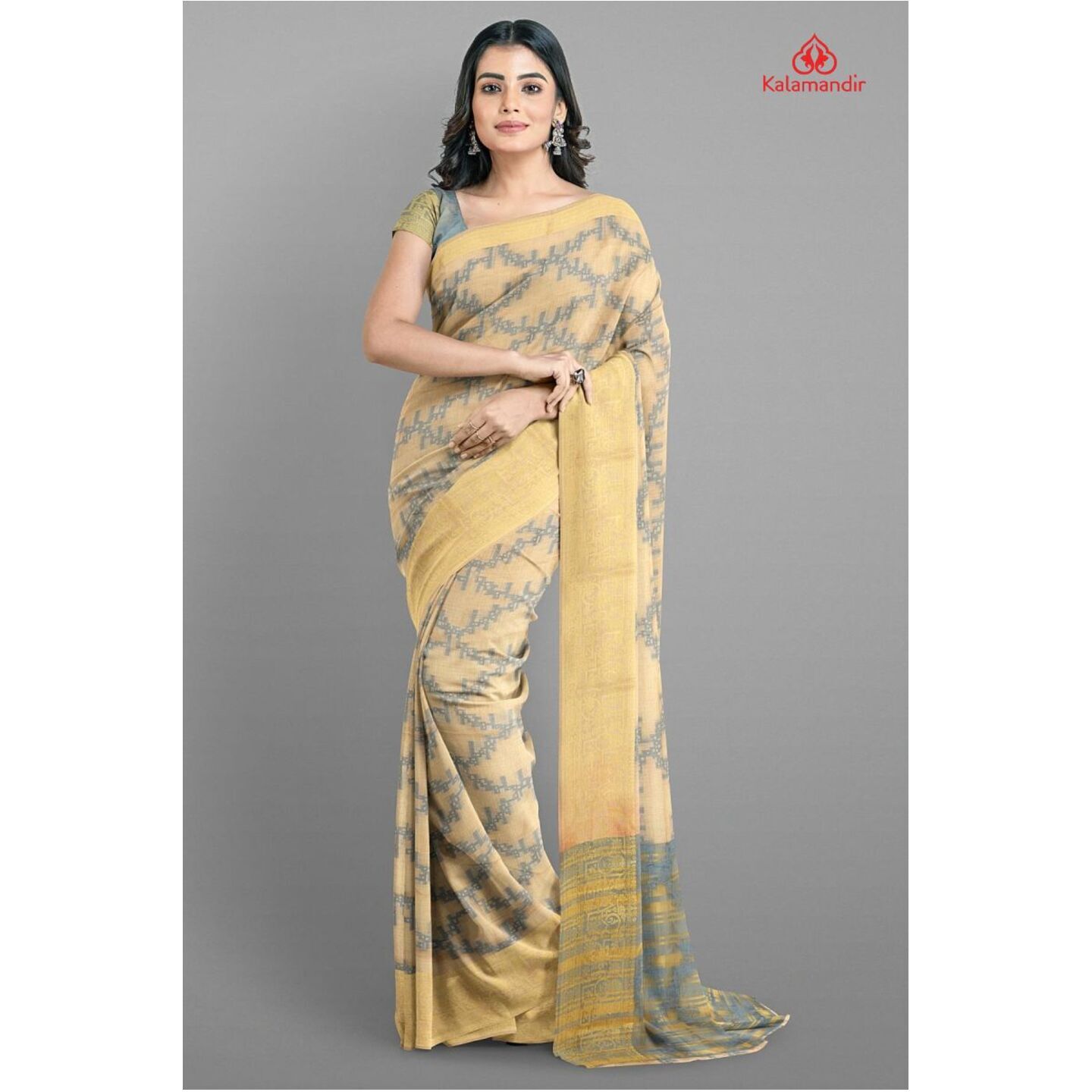 BEIGE and GREY ABSTRACT CHANDERI COTTON Saree with BANARASI FANCY 