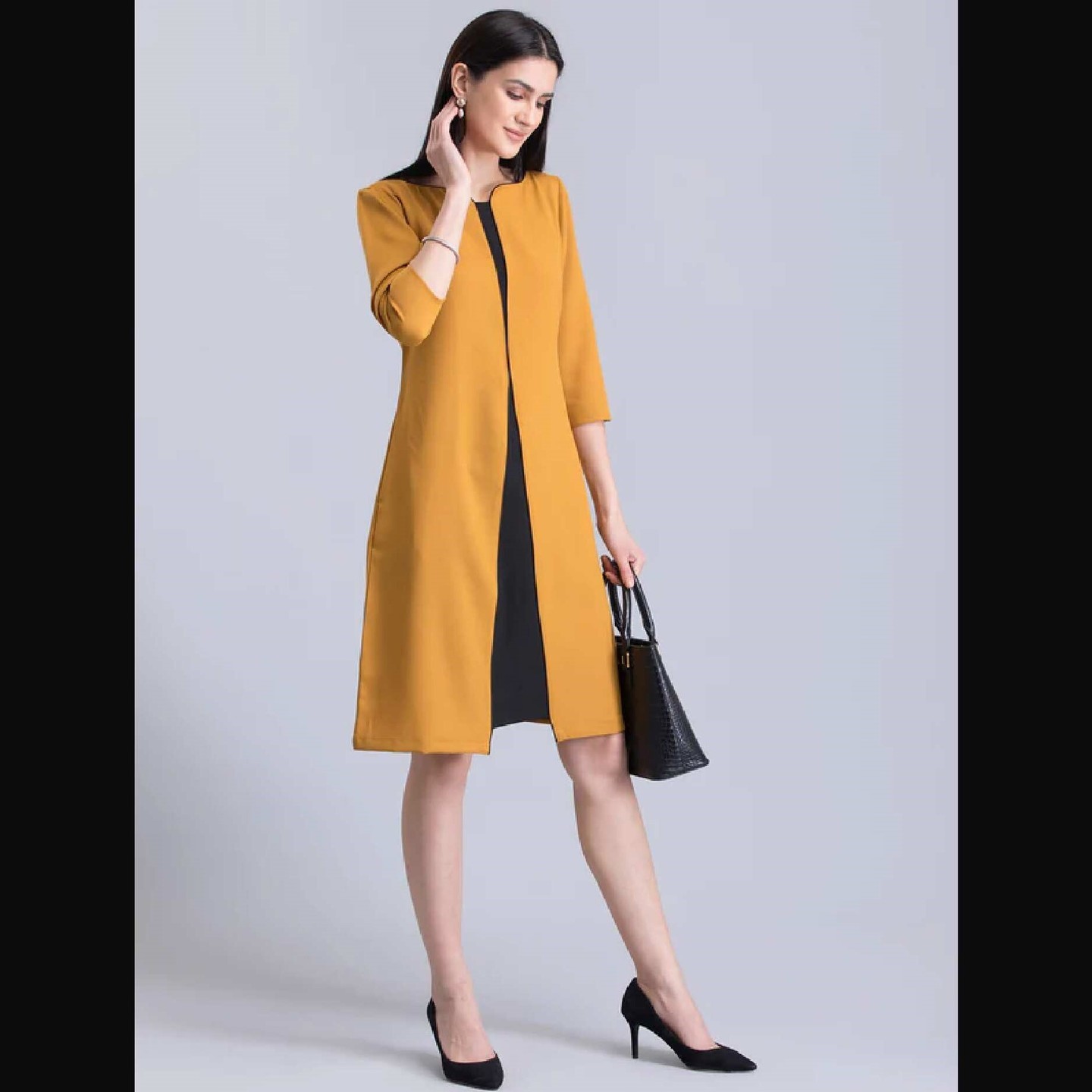 Stylised Neck Colour Block Dress - Mustard and Black