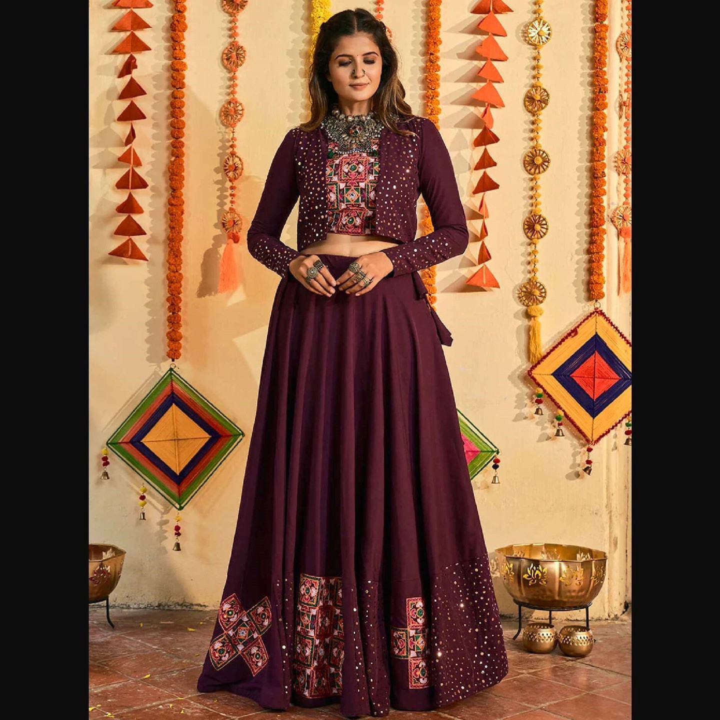 Womens Purple White and Red Maslin Cotton Embroidered Navratri Special Lehenga - Myracouture