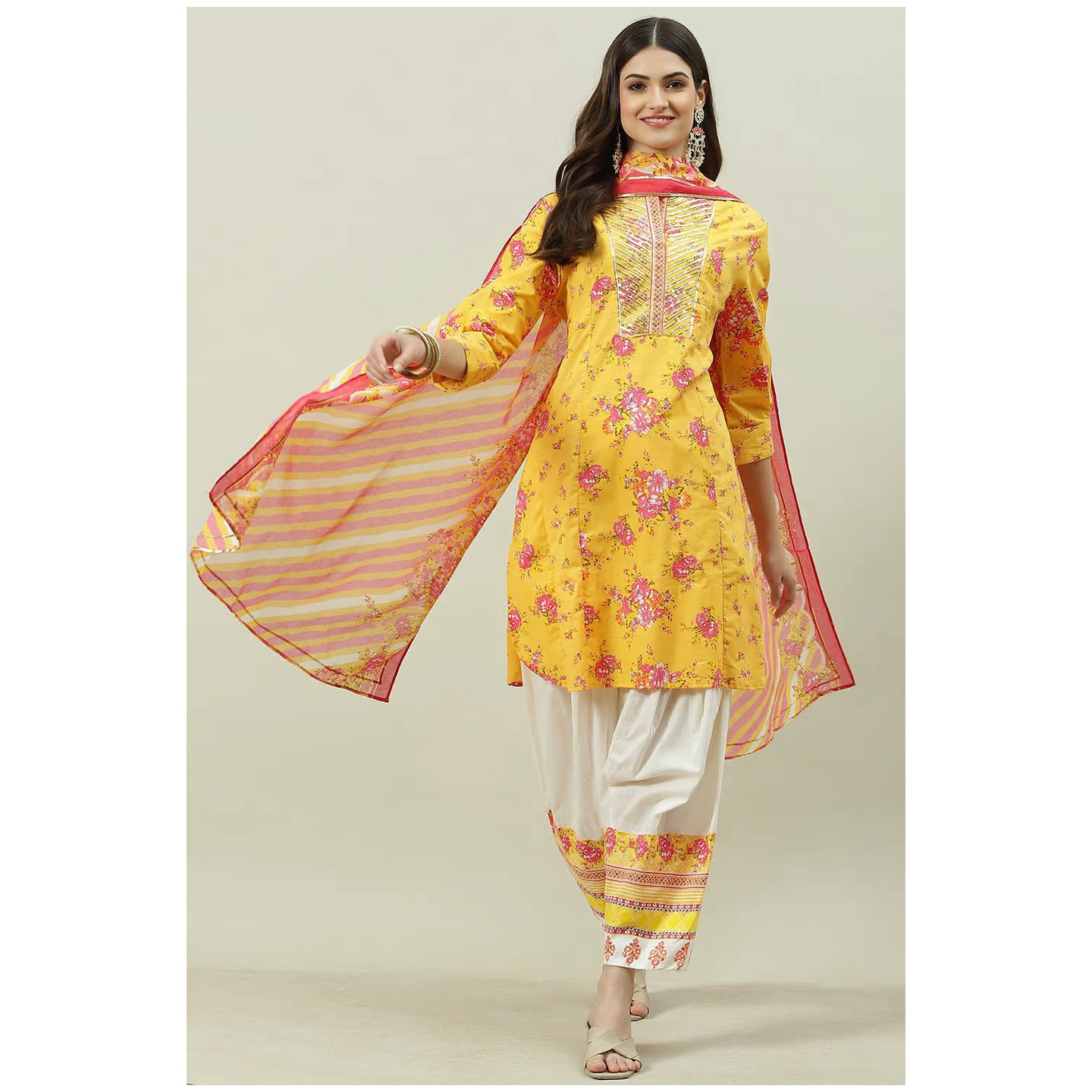 Yellow Cotton Straight Suit Set