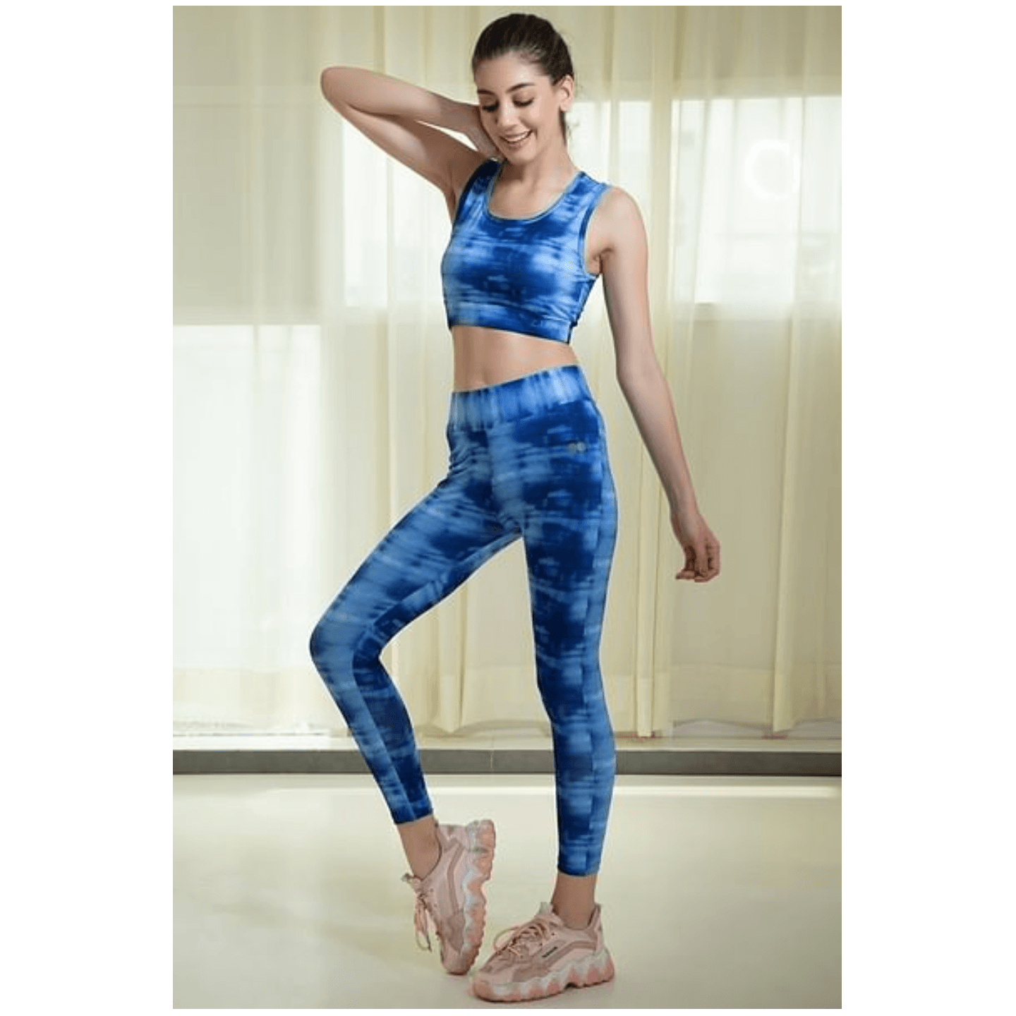 Medium Impact Padded Non-Wired Abstract Print Sports Bra & Ankle-Length Active Tights in Ro