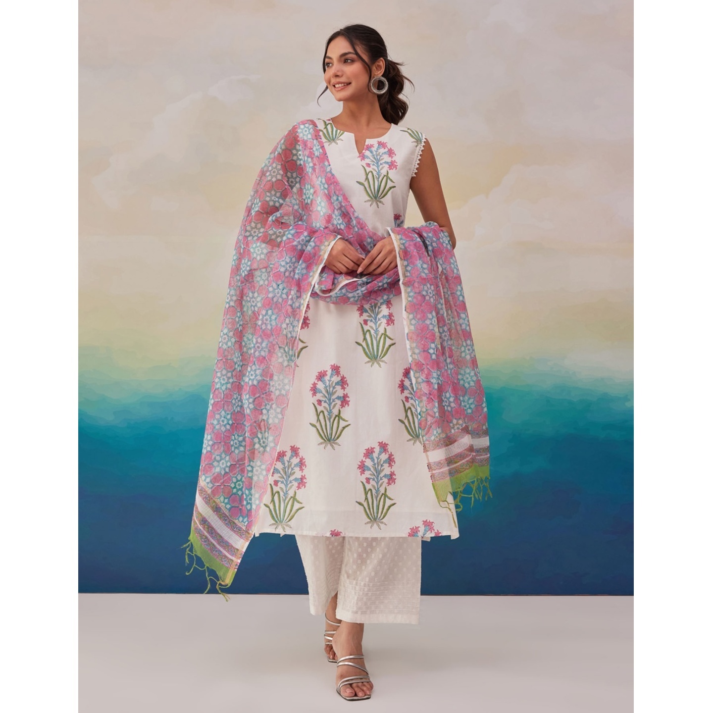 White Hand Block Printed Kurta Set With Dupatta