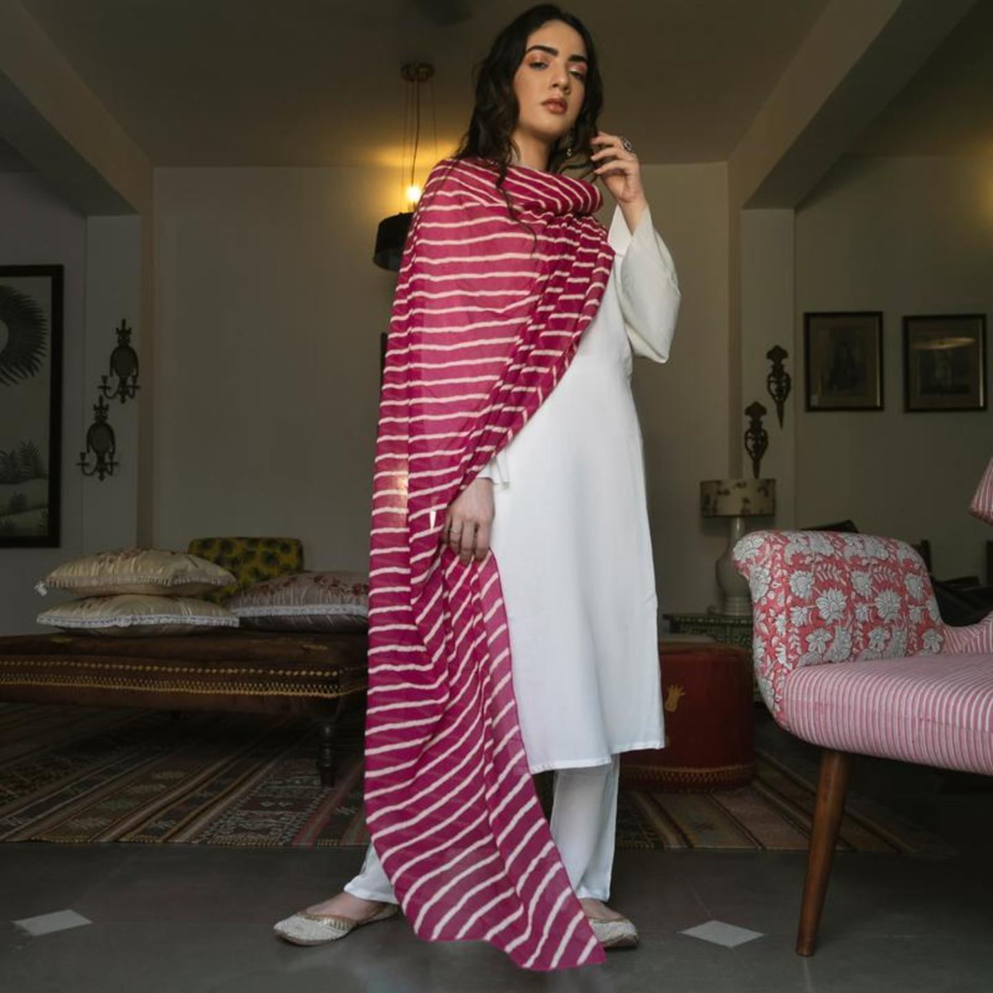 Pink & White Leheriya Inspired Dupatta with Bell Sleeved Salwar Kurta