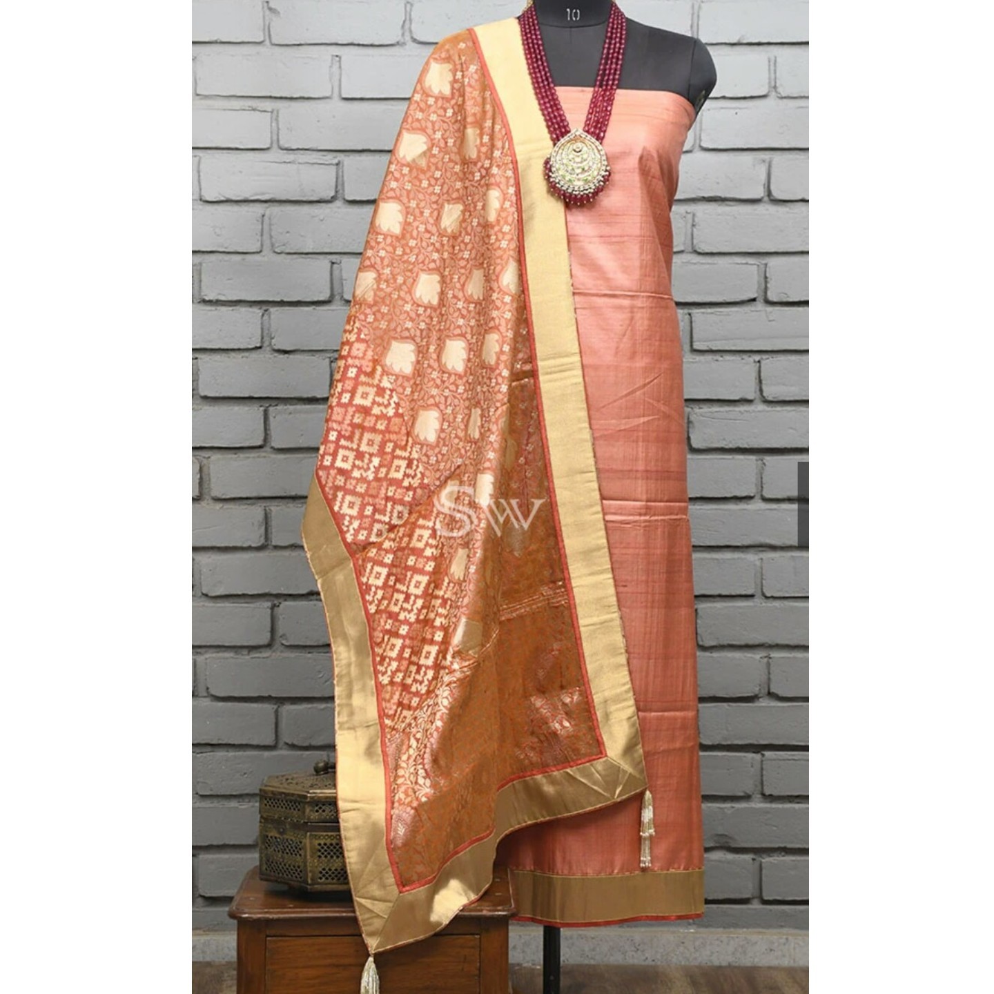 Peach Katan Silk Handloom Banarasi Suit