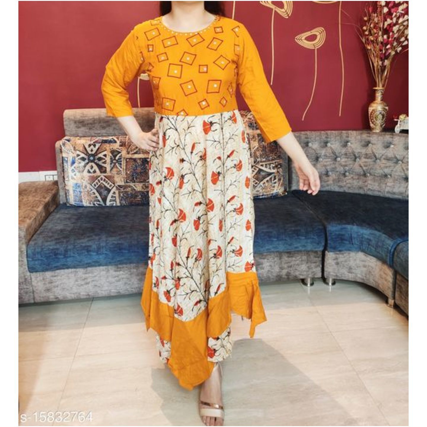 MOHPAASH Women's Yellow Floral Printed A-line Flair Maxi with Attractive Hand Woven Work