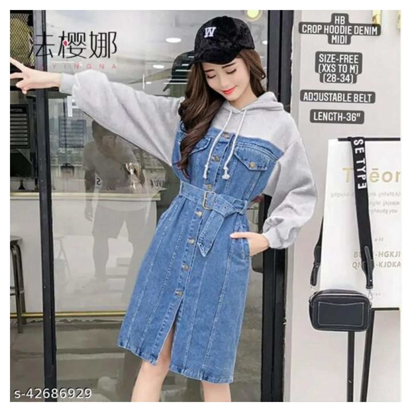 Crop hoodie denim midi by High-Buy- Free Size (xxs to m)(Bust 28 to 34) with adjustable belt-grey