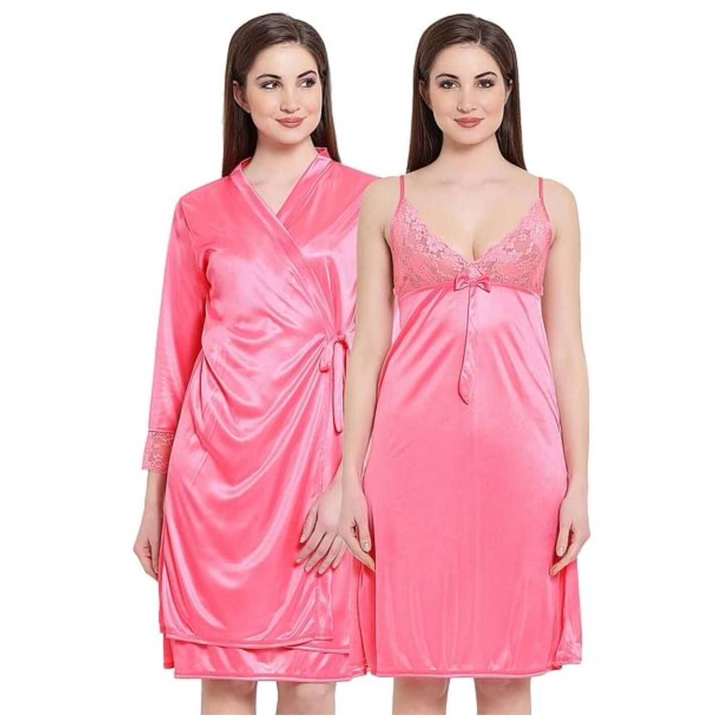 Short Night Dress & Full Sleeves Robe Set in Pink - Satin 