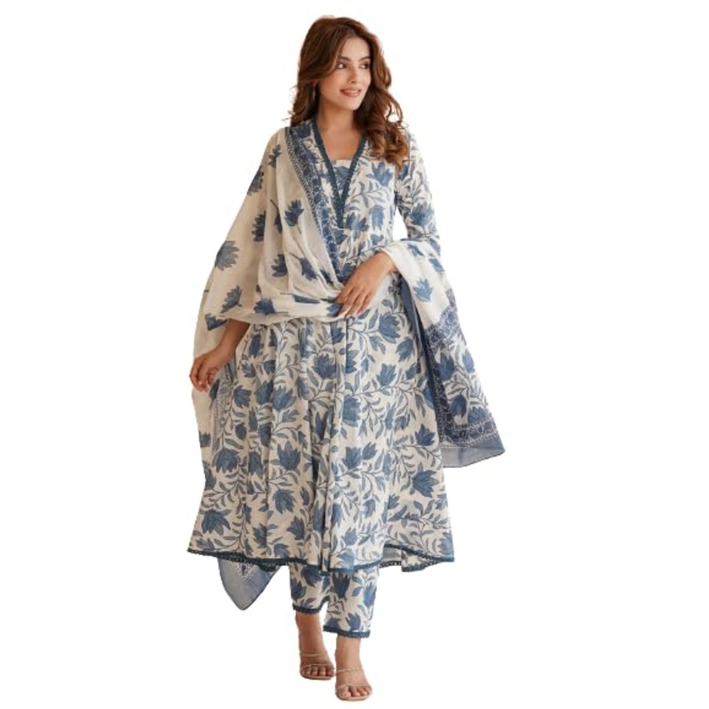 PARTHVI Women's Printed Anarkali Kurta With Palazzo & Dupatta Set 