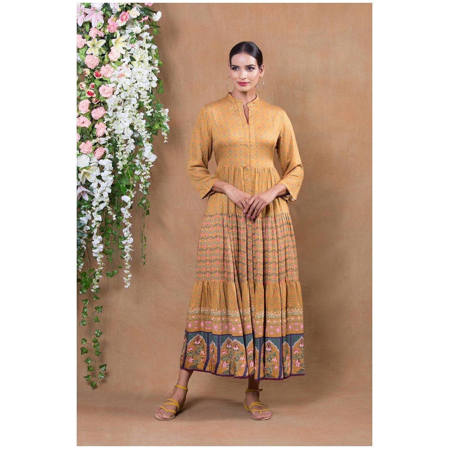 Mustard Front Open Dress By Anju Modi