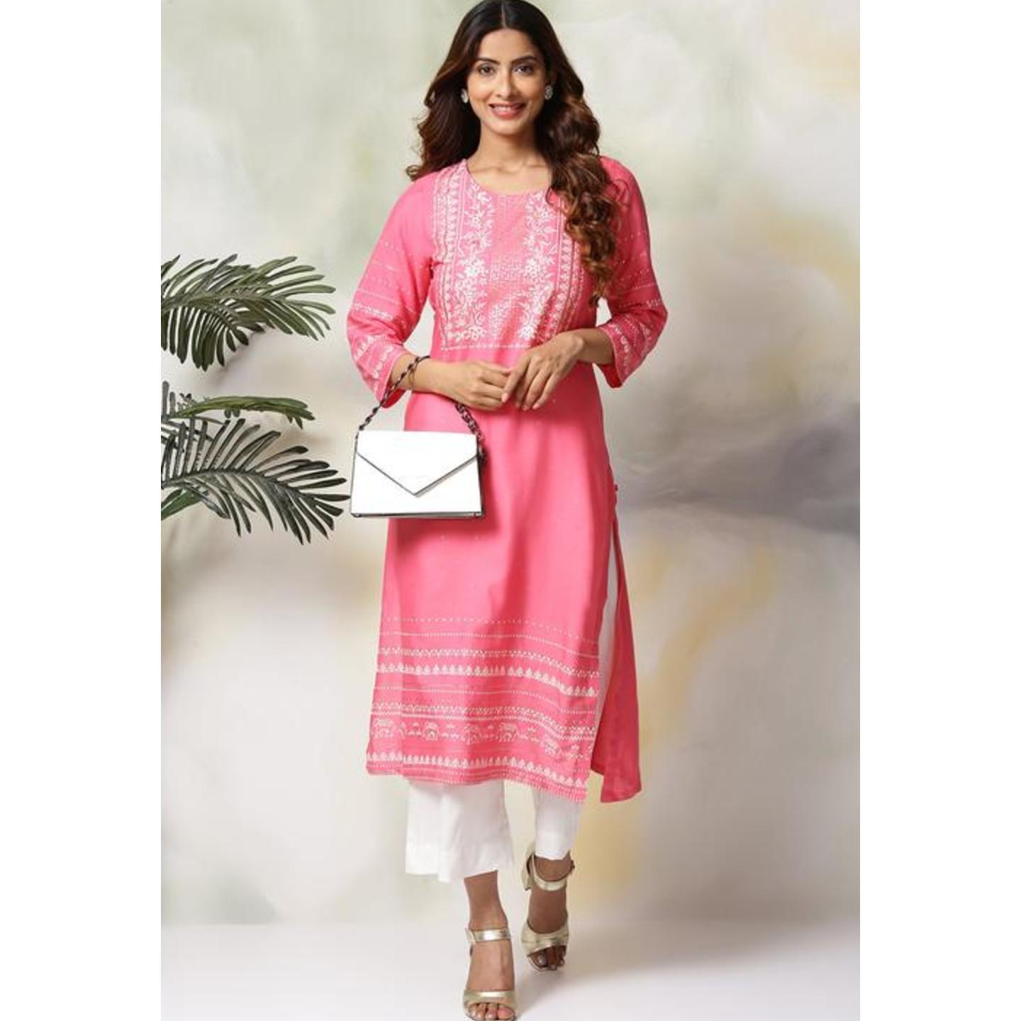 Pink Rayon Straight Kurta Pants Set