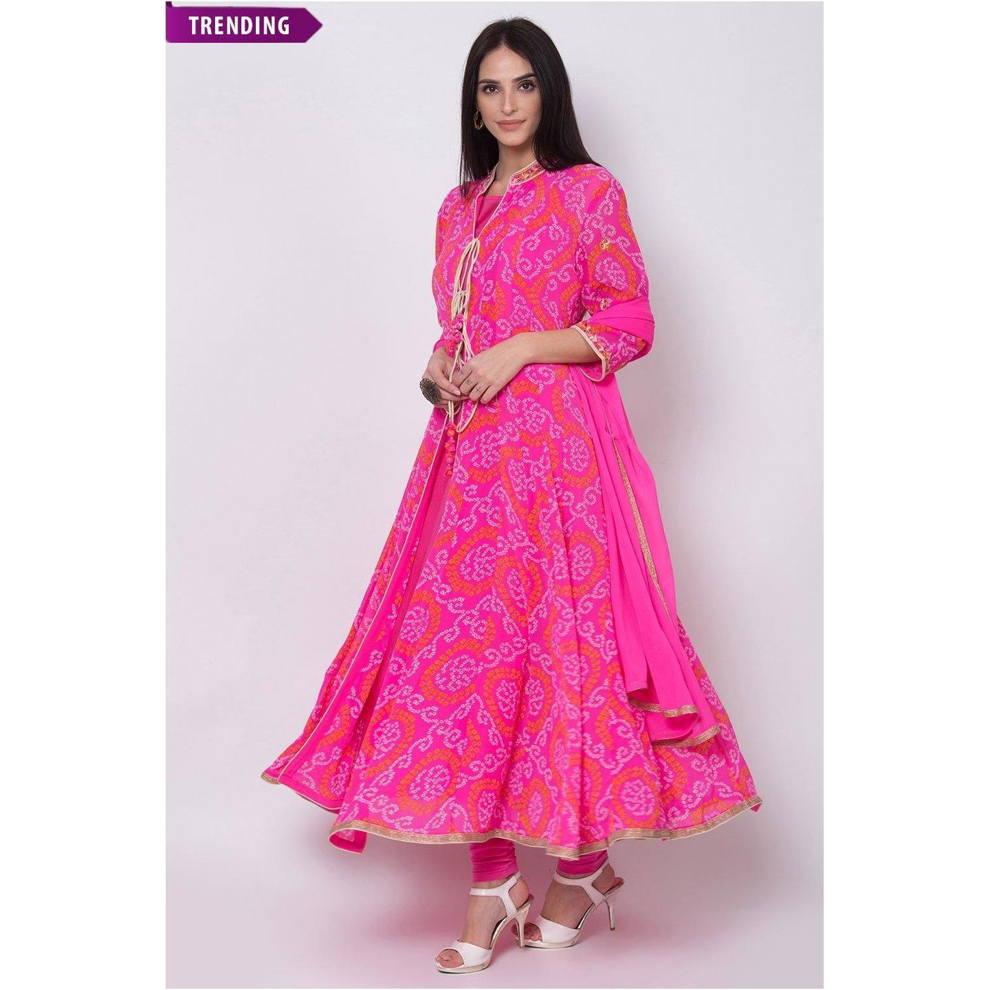 Pink Art Silk Front Open Suit Set