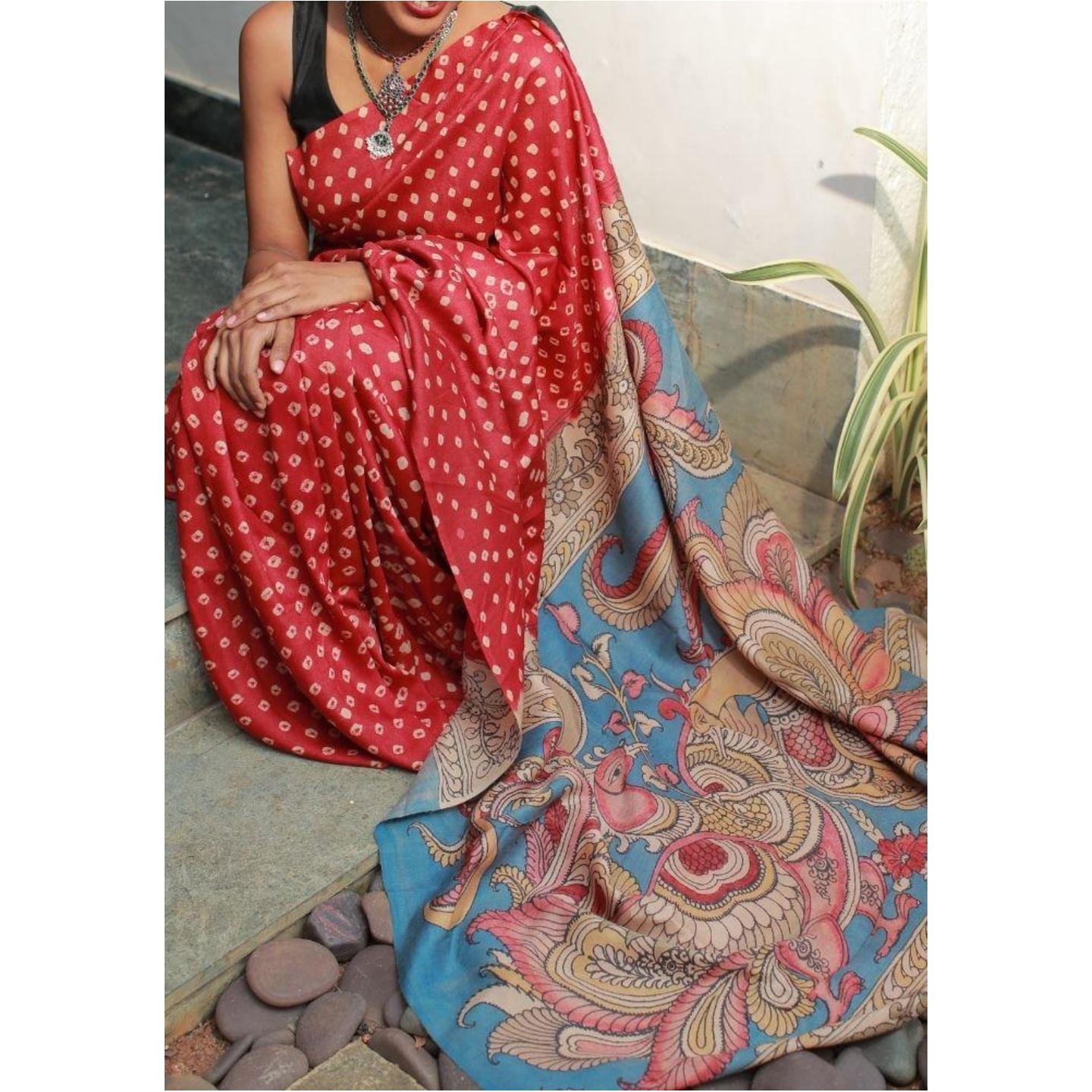 Red Bandhini Saree with Pen Kalamkari Pallu and Blouse in Munga Tussar