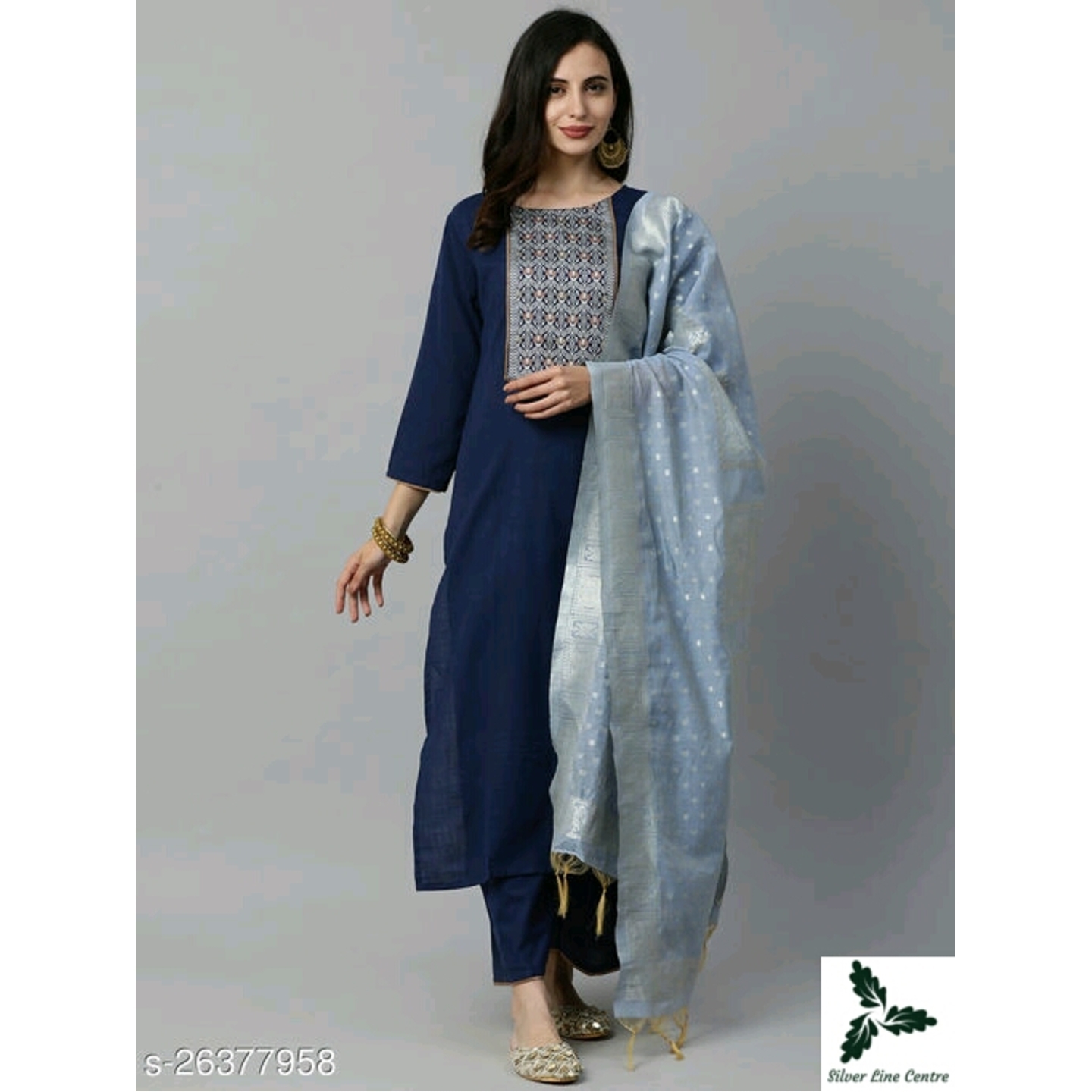 Indo Era Navy Blue Solid Straight Kurta Palazzo with Dupatta Set