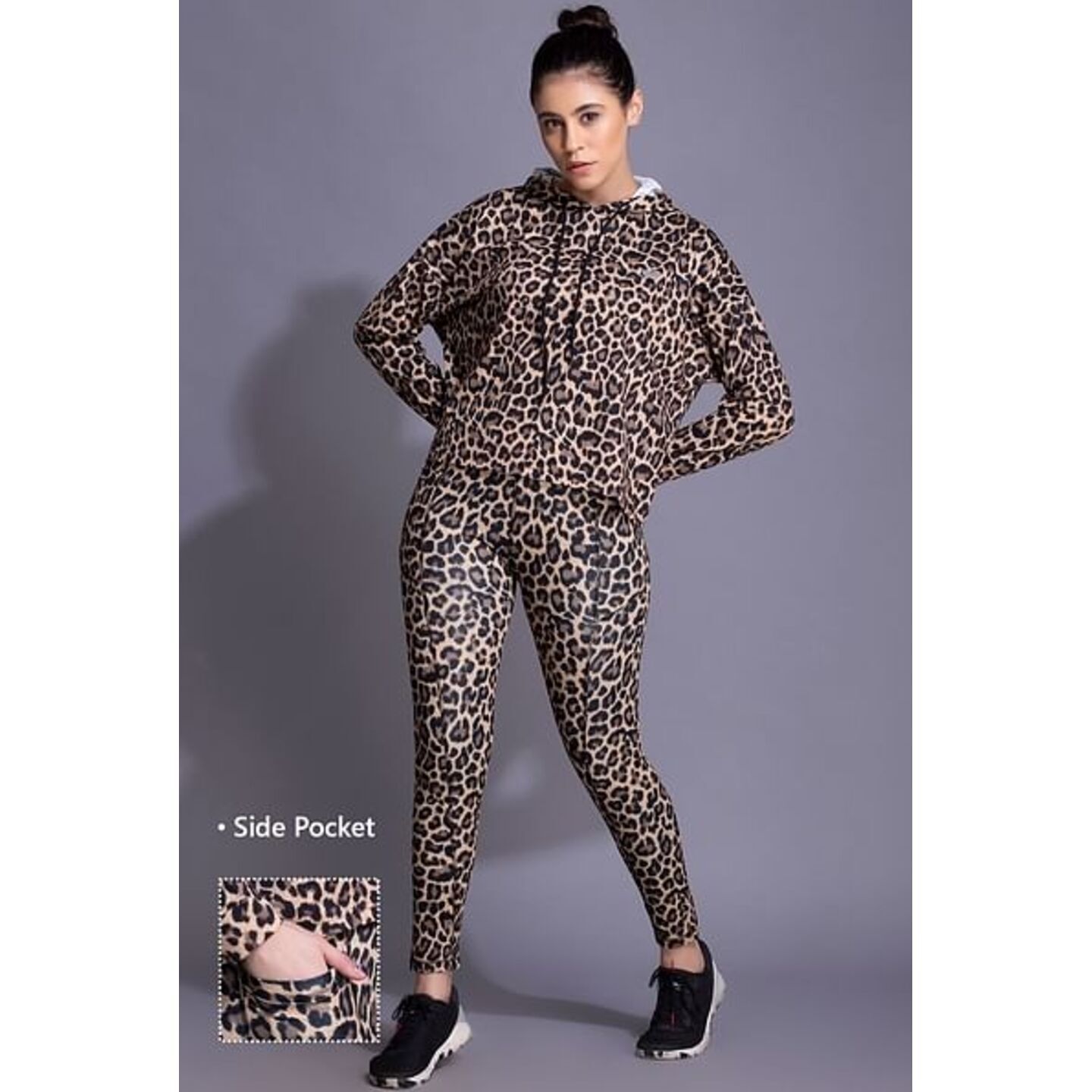 High-Rise Animal Print Active Tights in Brown with Side Pocket