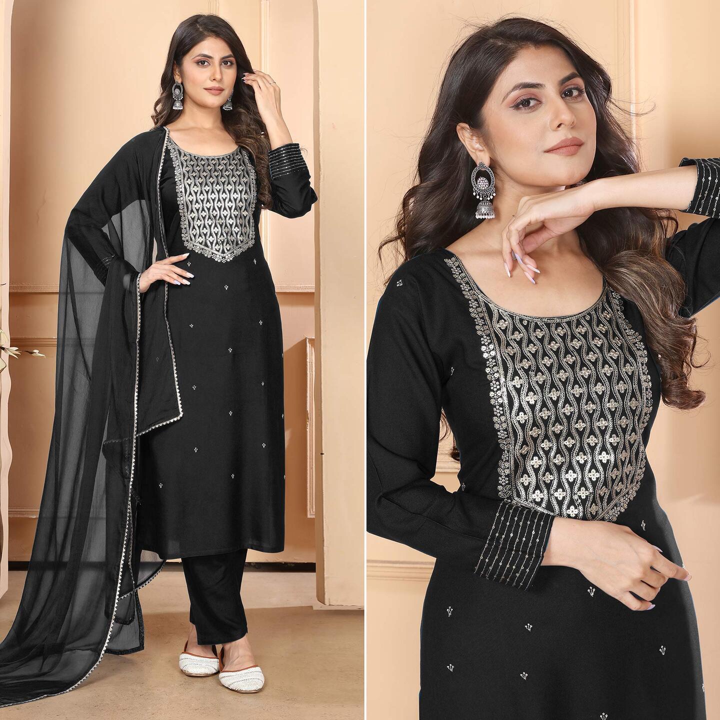 Black Sequins Embroidered Rayon Straight Salwar Suit 