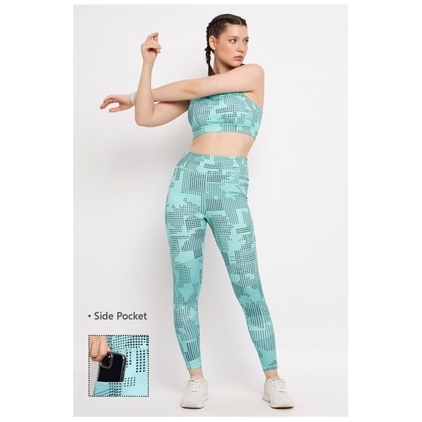 High Rise Printed Active Tights in Sky Blue with Side Pocket