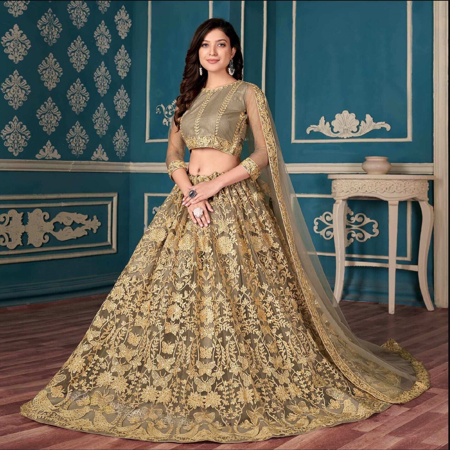 Brown Sequins Embroidered Netted Lehenga Choli 