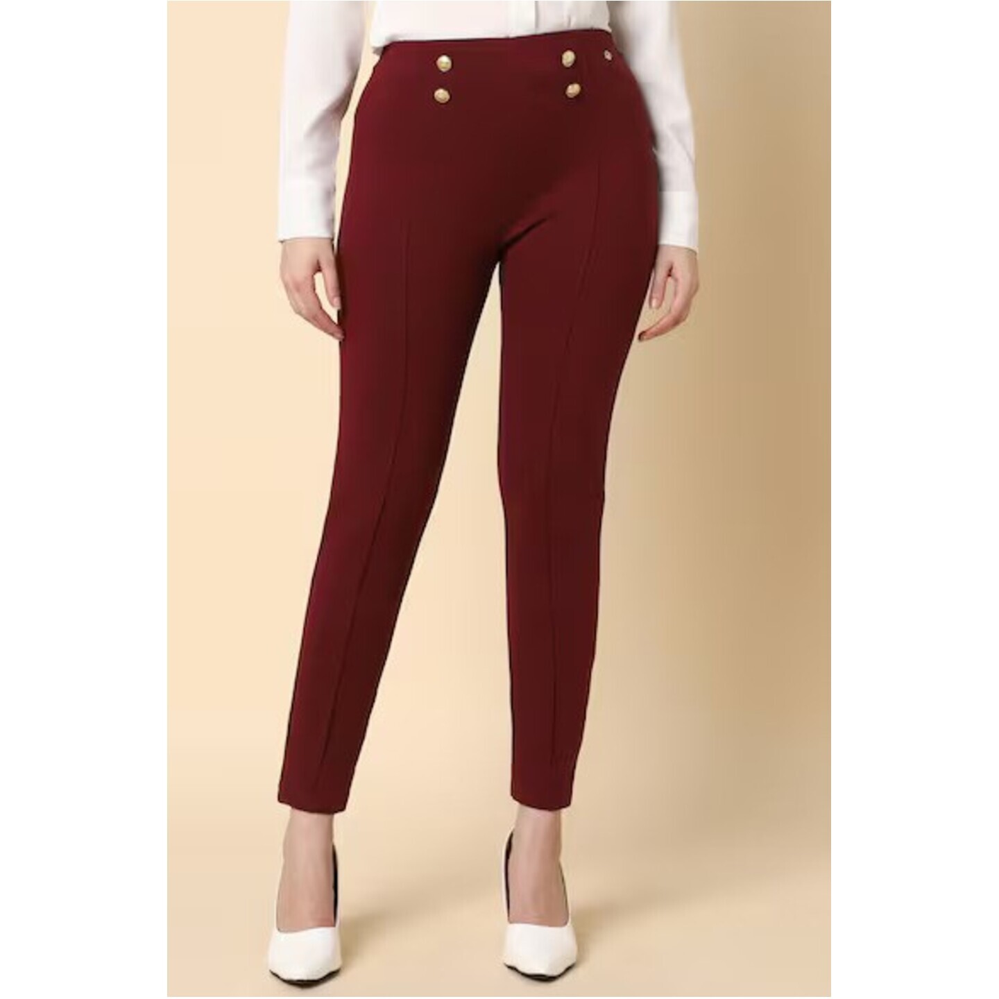 Women Maroon Regular Fit Solid Formal Trousers 