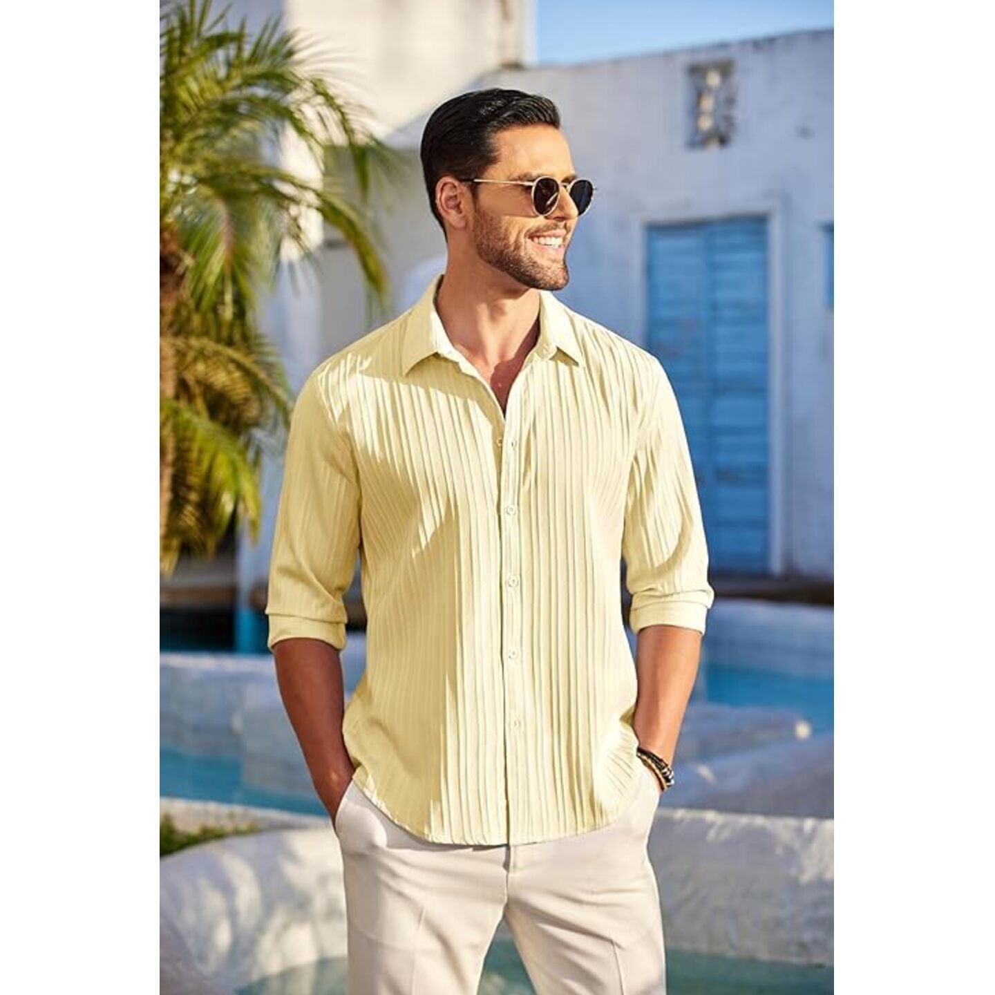 CB-COLEBROOK Mens Casual Button Down Shirts Long Sleeve Linen Shirt Fashion Textured Beach Summer Shirt