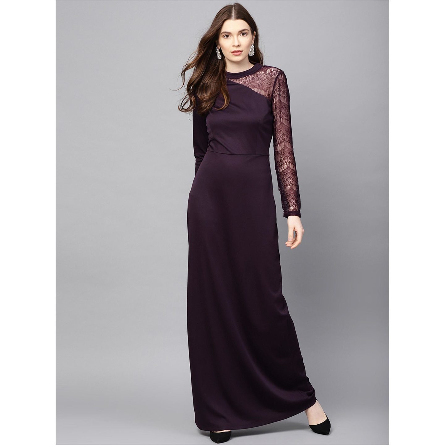 KAZO- Plum Purple Lace Sleeve & Yoke Detail Maxi (S)