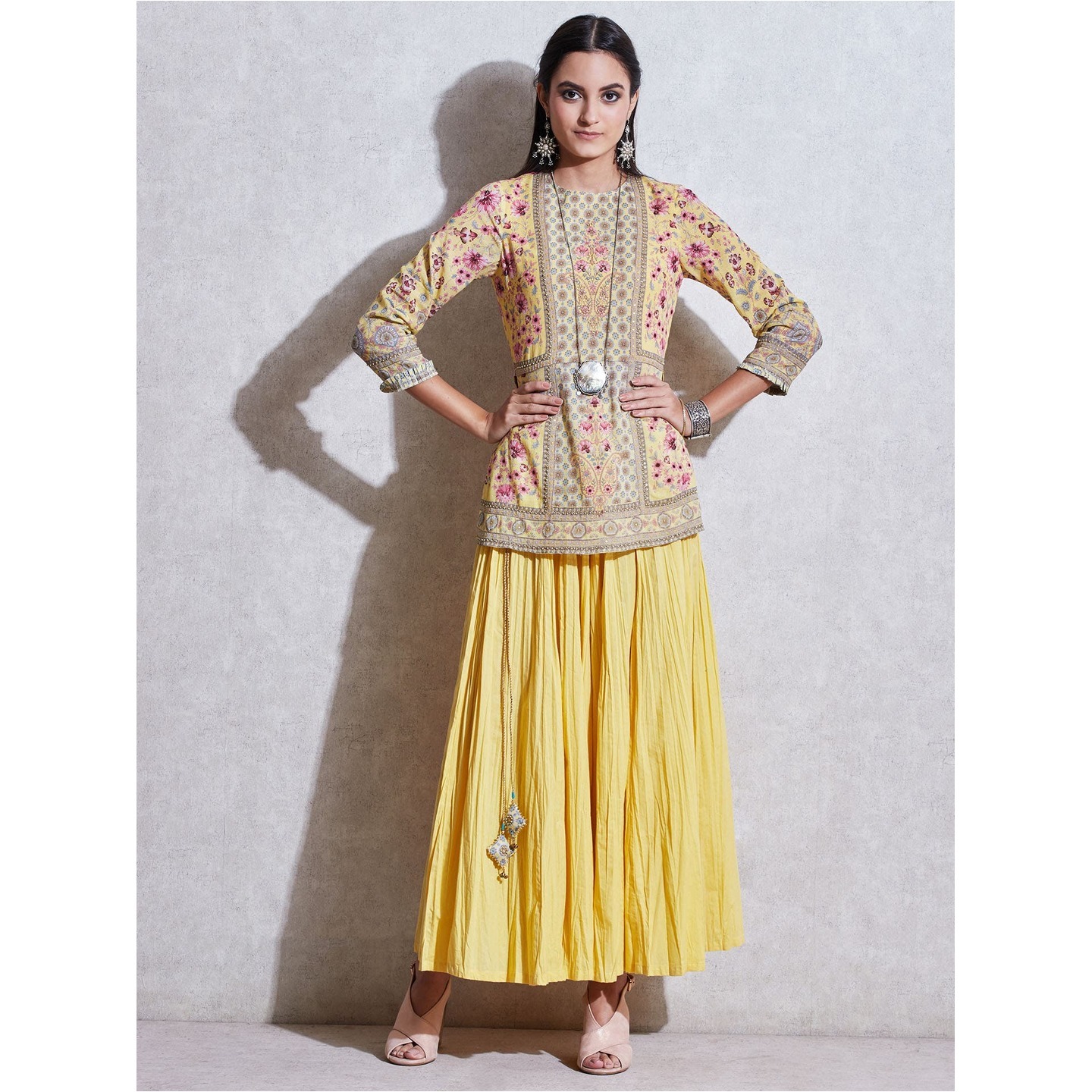 Yellow Floral Kurti With Trousers