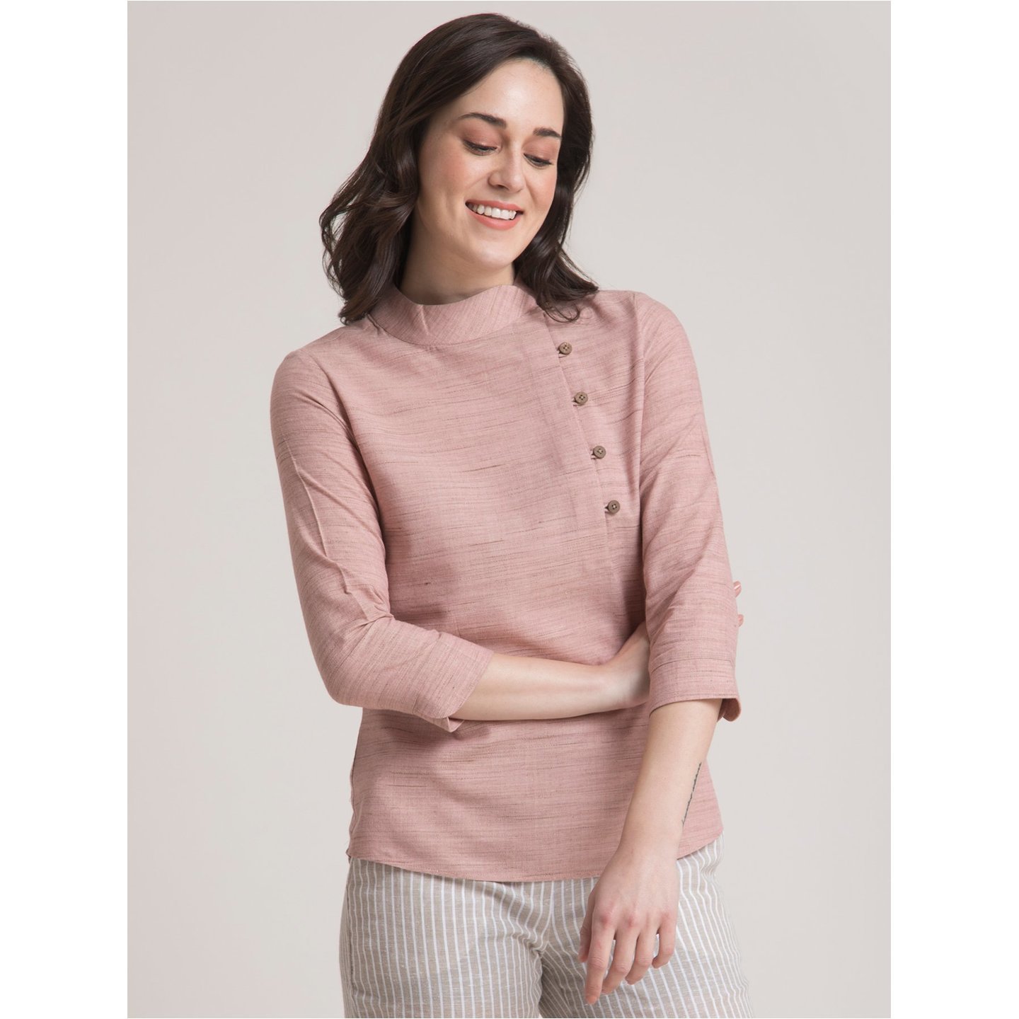 Cotton Yarn Dyed Mandarin Collar Button Detail Top - Dusty Pink