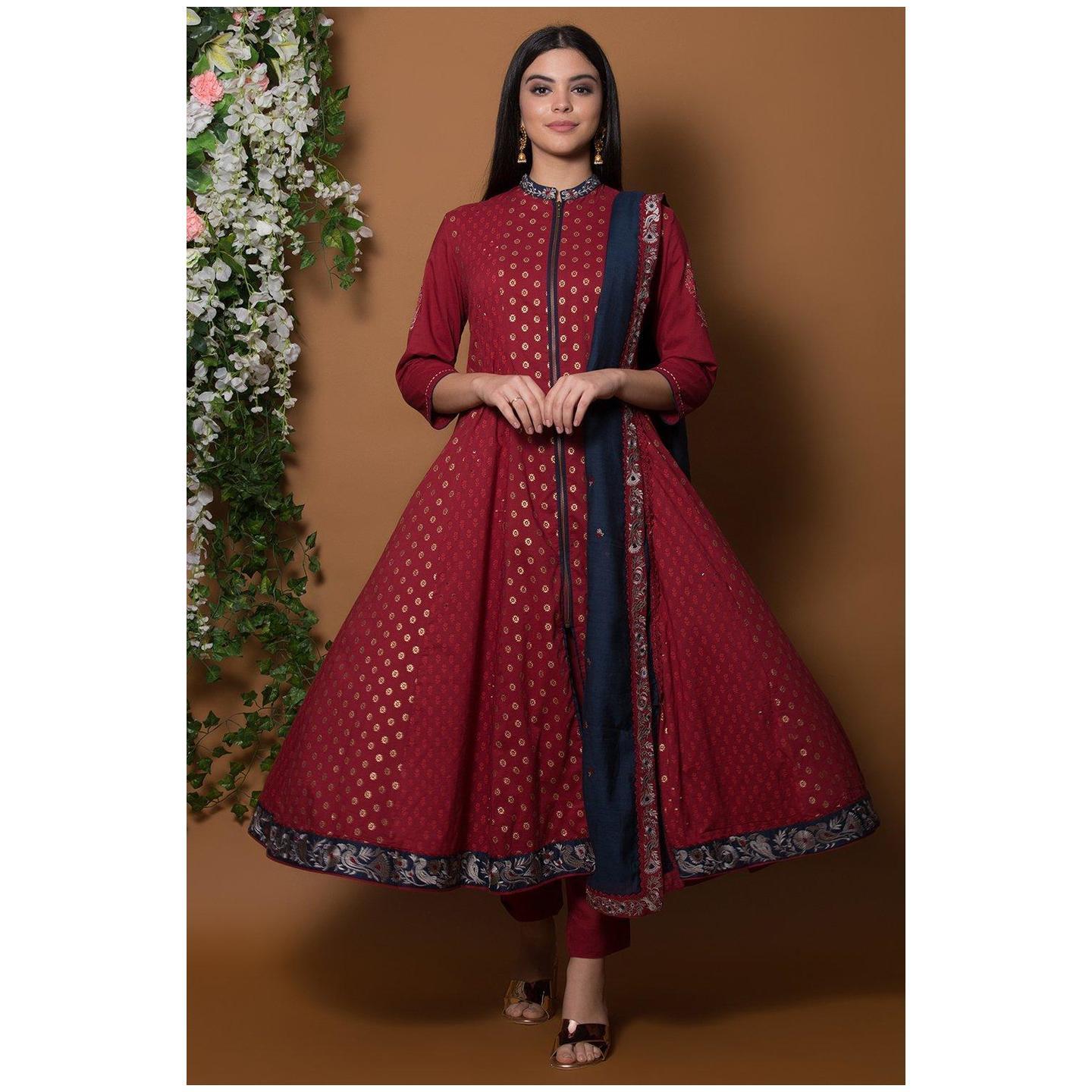 Red Cotton Kalidar Suit Set By Anju Modi