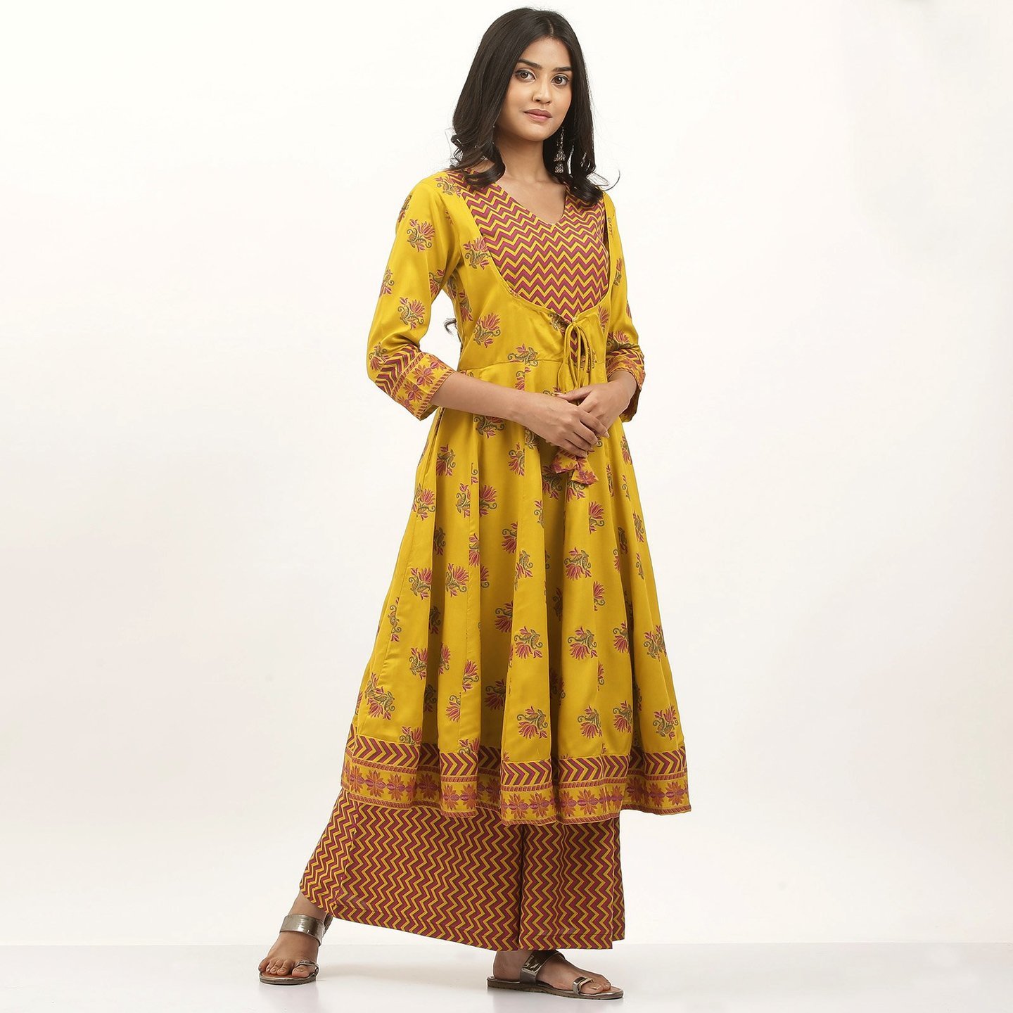 Yellow & Maroon Short Anarkali Kurta Palazzo Set with Tassels
