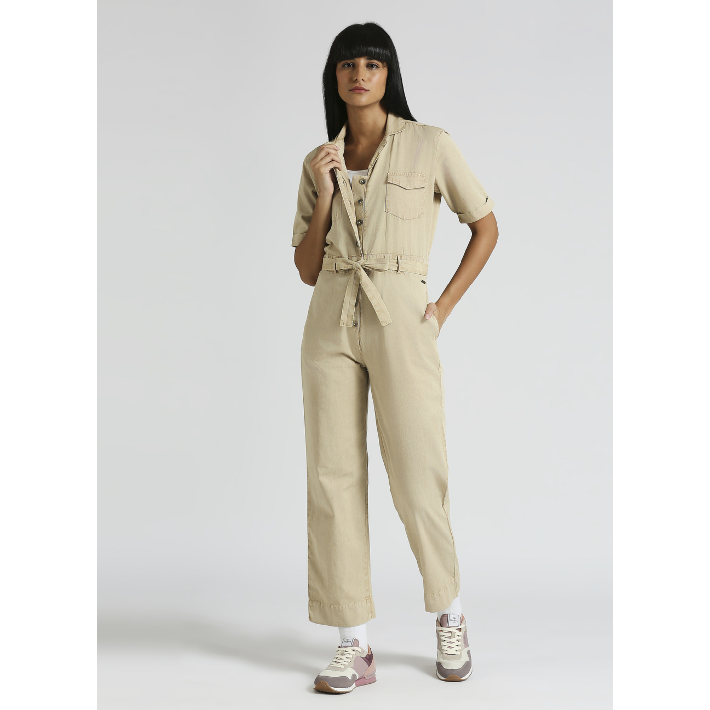 Beige Lapel Collar Short Sleeve Jumpsuit 