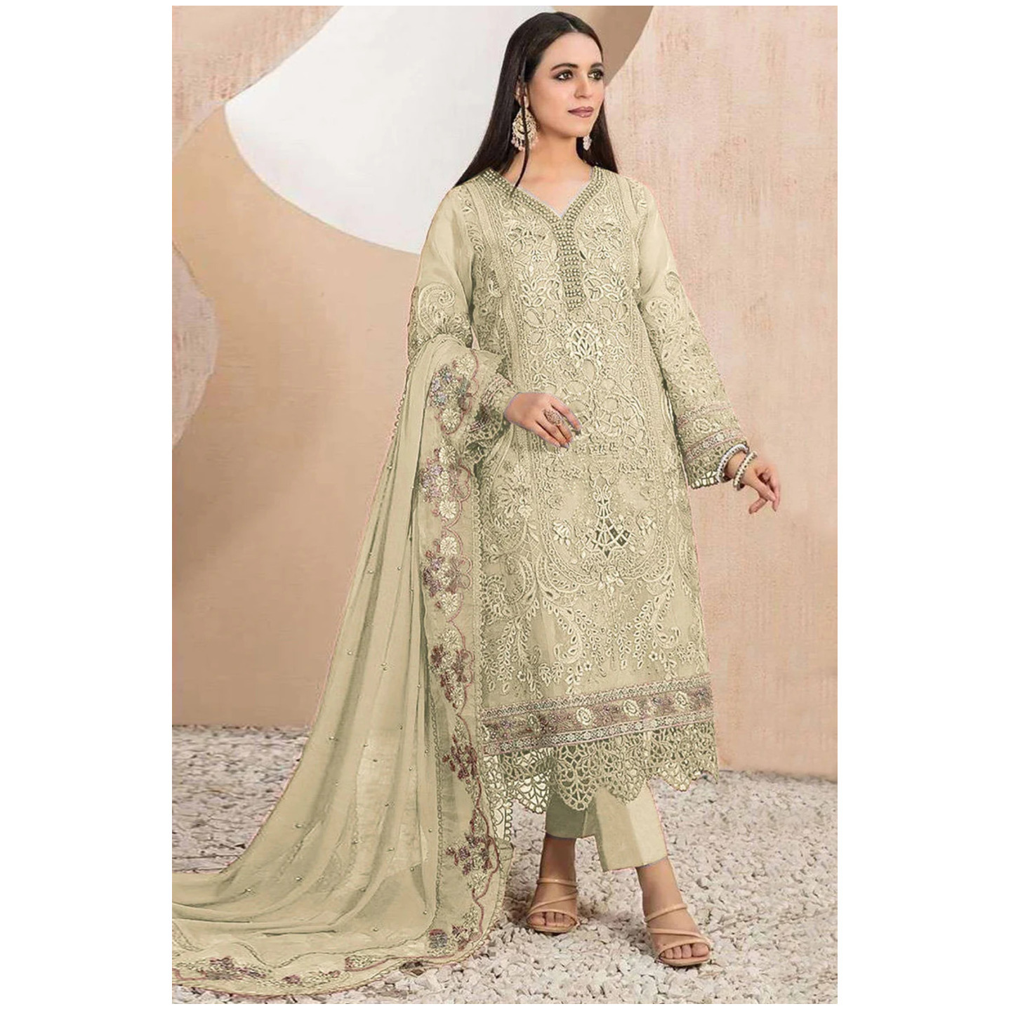 Cream Floral Sequins Embroidery With Motiwork Organza Semi-Stitched Pakistani Suit  Size- Semi Stitched 