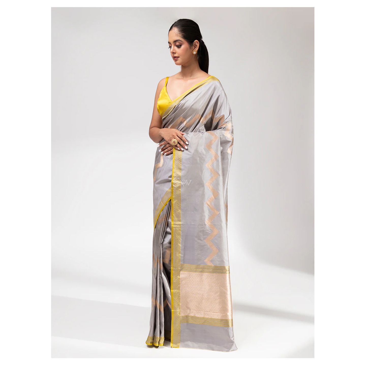 Grey Stripe Katan Silk Handloom Banarasi Saree  