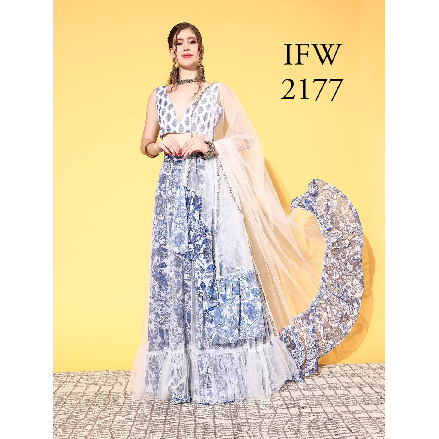 Classic White Printed Semi-Stitched Lehenga Choli with Dupatta